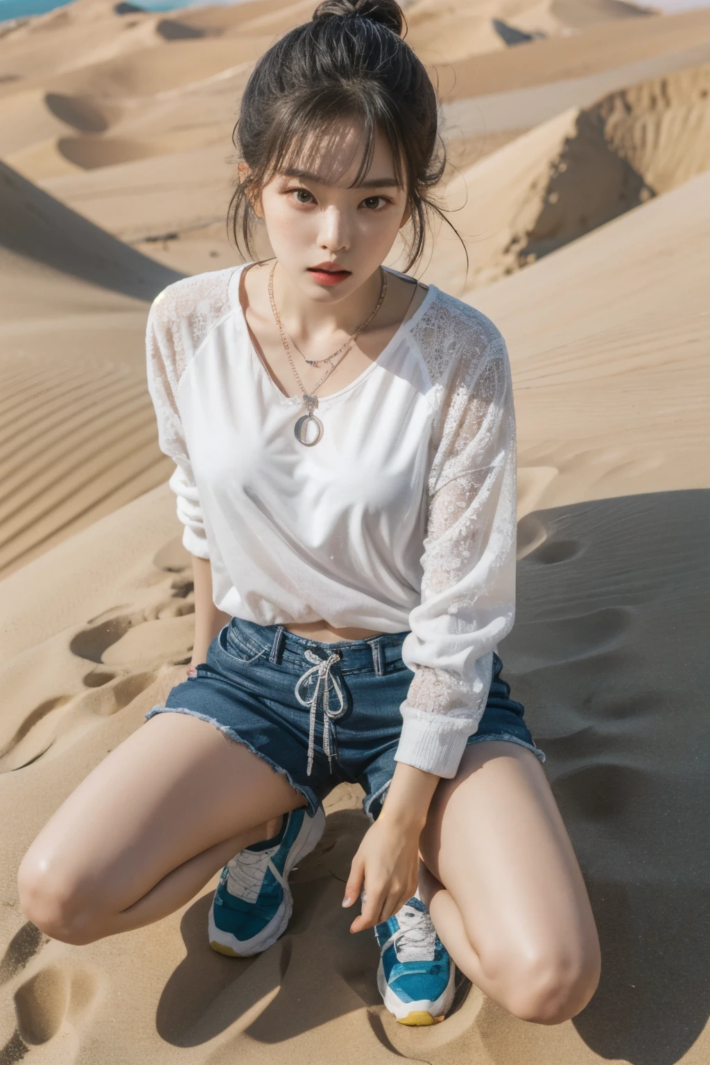 1 woman,alone,bijouterie,bracelet,shoes,manicure,black hair,running shoes,necklace,ring,freckles,shorts,whole body, looking at viewer,nose,assembly,Fingernail,Lips, mountaineering clothes, stick, (from above), Dunes,