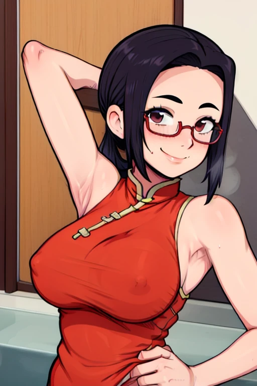 masterpiece, best quality, satou sakie, looking at viewer, large breasts, upper body, portrait, seductive smile, put your hands behind your head, armpits, armpits visible, sweaty armpits, wearing red chinese dress, ponytail hair, wearing glasses