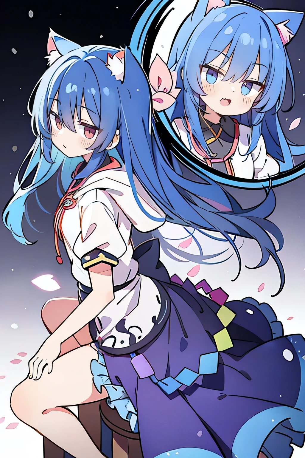 （masterpiece：1.2），Super detailed，lifelike，Expressive eyes，fair skin，perfect face shape，1 girl，
Japanese comics,Gorgeous blue hair,flowing blue hair,flowing clothes,Cat ears,Petals fall,beautiful lola,Baby Angel,
Shaking head with one hand，Cross your legs，Gentle and peaceful background，The pavilion is cool and comfortable,smile, wearing hoodie, background of tokyo,back views,snowing, winter.