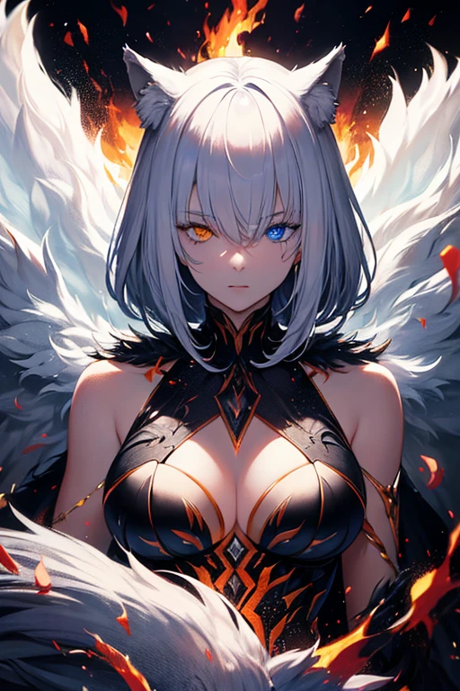 White wolf anthropomorphic,good looking,Young adolescents, Young man,Thin chest,Very short hair,Berry Short,male,White skin, Red Tattoo, Waning moon tattoo on chest, ((Heterochromia, yellow left eye, My right eye is very red)) Dreamy Background, kind, Infinite Light, Spectacular sunset background, Octane Rendering, Beautiful Features, Beautiful and detailed eyes, Complex skin, Detailed face, Perfect skin texture, Extreme Detail, Whole-body vision, Cinema Lighting,  Professional Lighting, Centered, looking at the camera, 8k, Shot with a Hasselblad X1D-50, Maximum concentration, Depth of written boundary, Perfect lighting, Particles of light, (highest quality), (masterpiece), (Super detailed), Sharp focus, Particles of light,Fire Magic,My head is on fire,Turbulence,Uplifting,Silver Wolf Personification,Assassin's Costume,((「silver wolf」logo))