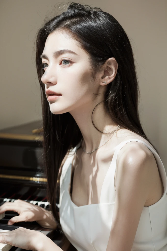 (masterpiece, top quality, best quality,8k,17 years old girl,ultra detailed,raw photo:1.5),(photorealistic:1.4),(cinematic lighting), PerfectNwsjMajic, , Surrealism, UHD, ccurate, Super detail, textured skin, High detail, Best quality, dynamic angle, (high nose,White skin),[Beautiful blue eyes],[flat chest:large breasts:0.5],(1girl),(good anatomy:0.5)), long hair, piano, instrument, black eyes, dress, white dress, white hair, looking at viewer, light particles, indoors, jewelry, sleeveless, bare shoulders, from side,perfect symmetrical body,