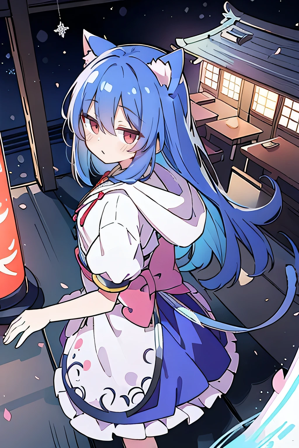 (masterpiece:1.2),Super detailed,lifelike,Expressive eyes,fair skin,perfect face shape,1 girl,
Japanese comics,Gorgeous blue hair,flowing blue hair,flowing clothes,Cat ears,Petals fall,beautiful lola,Baby Angel,
Shaking head with one hand,Cross your legs,Gentle and peaceful background,The pavilion is cool and comfortable,smile, wearing hoodie, background of tokyo,back views,snowing, winter.