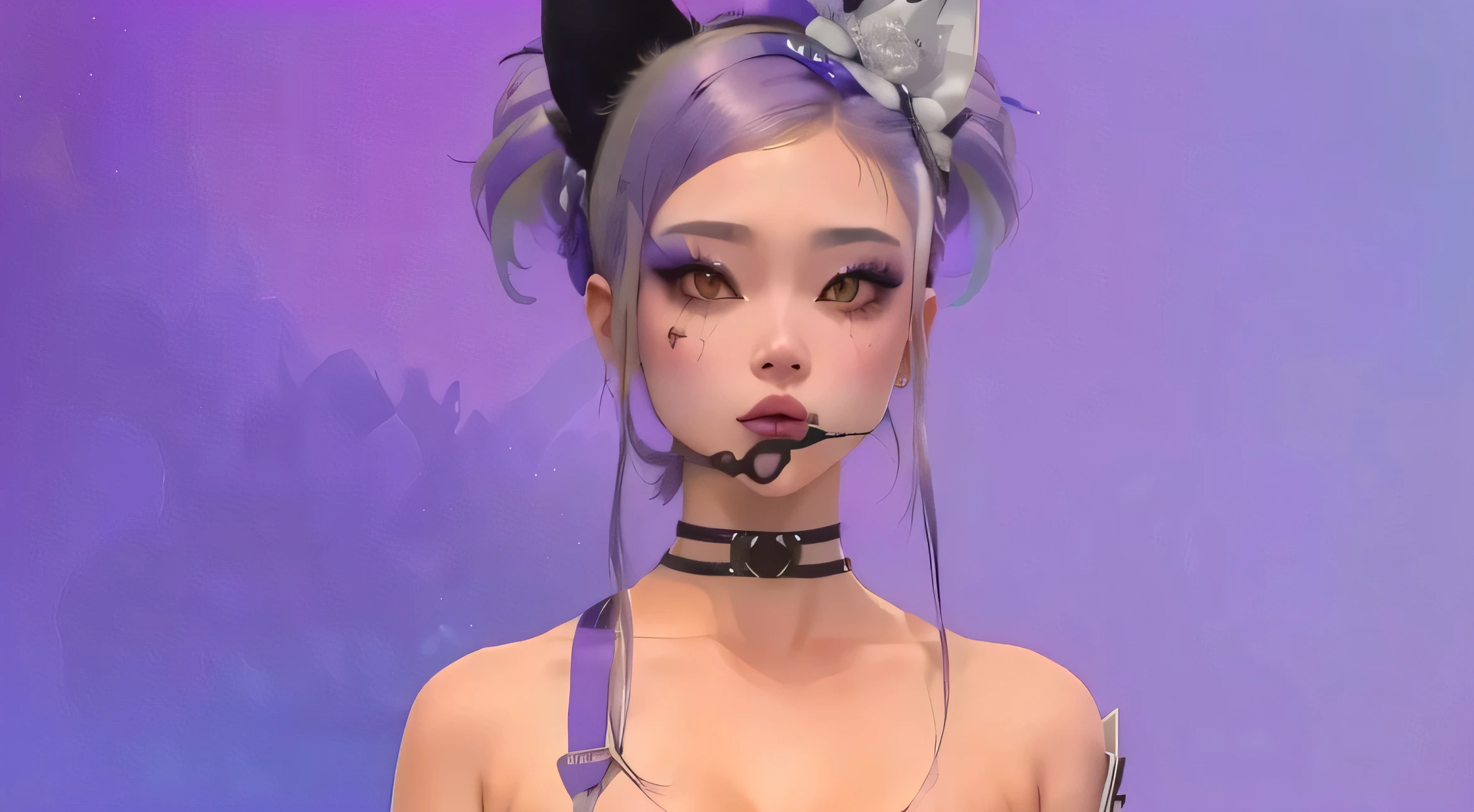 tem uma mulher com orelha de gato e vestido roxo,  com orelhas de gato, inspirado em jennie (blackpink), cabelo roxo escuro, pastel gothic, olhar sexy, mulher com orelhas de gato, inspirado em Ren Renfa, avatar da segunda vida, idol, inspirado em Shukei Sesson, sexy facial expression