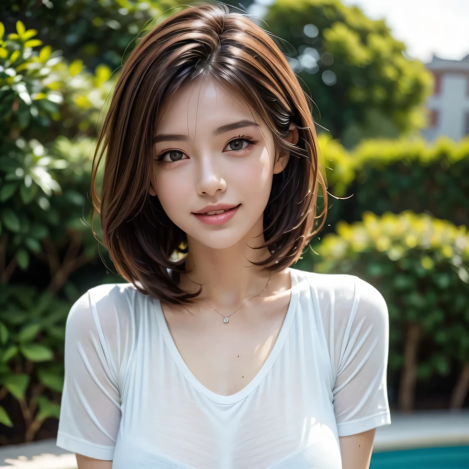 (8k, RAW Photos, highest quality, masterpiece, Realistic, Realistic), (1 female), (Ultimate beauty), Highly detailed face, (Perfect Teeth), Beautiful Eyes, double eyelid, eyelash, smile, Lip details, Brunette Bob, The light shines on your face, Big Breasts, ((T-Shirts)), (Upper Body), (background: garden), ((Written boundary depth))