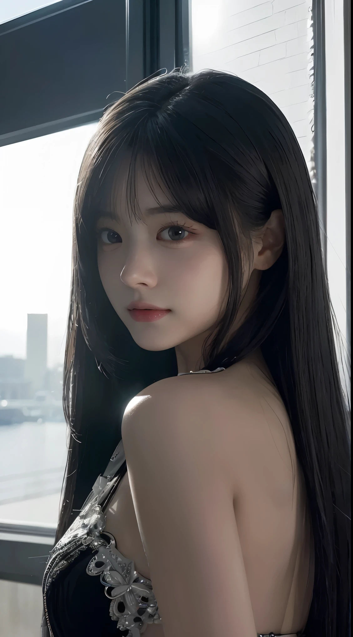 ​masterpiece, 1 beautiful girls, detaileds, Swollen eyes, top-quality, 超A high resolution, (Reality: 1.4), OriginalPhotographs, 1Girl, Movie Lighting, a smile, japanes, Asian beauty, Korean, Proper, very extremely beautiful, Slightly younger face, Beautiful skins, slender, cyberpunk backgrouns, (A hyper-realistic), (illustratio), (hight resolution), (8K), (ighly detailed), (The best illustrations), (beautifully detailed eyes), (ultra-detailliert), (wall-paper), (Detailed face), looking at the viewers, fine detailed, A detailed face、deep-shadows、Unobtrusive、pureerosfaceace_v1、46-point diagonal bangs、Facing straight ahead、Neat Clothing、Black colored eyes、