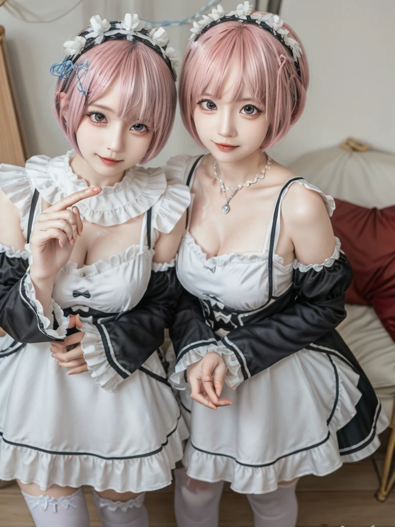 Accurate depiction with high resolution,(8K, Photorealistic, Raw photo, of the highest quality: 1.3), (1girl in), Super beautiful, (Realistic face), (boyish, pink Color Berry Shorthair), Beautiful , Glare that captivates the viewer, Beautiful expression, Beautiful breasts, (Realistic skin), Be...Create a detailed and colorful image of Ram and Rem from Re:Zero, standing back-to-back in their maid outfits, with a magical fantasy background、14years old, two girls,cute, perfect face, beautiful, nice body, gothic ta clothes, gothic loliashion, frilly skirt, headdress, necklace, bracelet, knee-high socks, boots, double eyelids, tear bags, Detailed down to the fingers, photo-like description, indoors, dim indoor lighting, one girl is pink hair and short bob, another girl is light blue hair and short bob,standing,whole body, composition that shows the whole body, smiling,The Both of them are wearing the same type of maid outfit,Optimal ratio of 4 fingers and 1 thumb