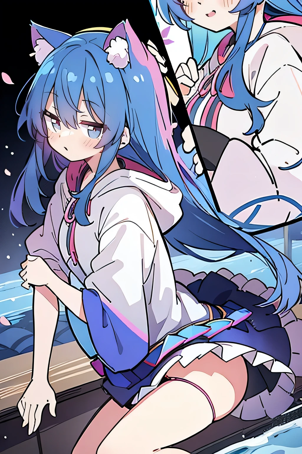 (masterpiece:1.2),Super detailed,lifelike,Expressive eyes,fair skin,perfect face shape,1 girl,
Japanese comics,Gorgeous blue hair,flowing blue hair,flowing clothes,Cat ears,Petals fall,beautiful lola,Baby Angel,
Shaking head with one hand,Cross your legs,Gentle and peaceful background,The pavilion is cool and comfortable,smile, wearing hoodie, background of tokyo,back views,snowing, winter.