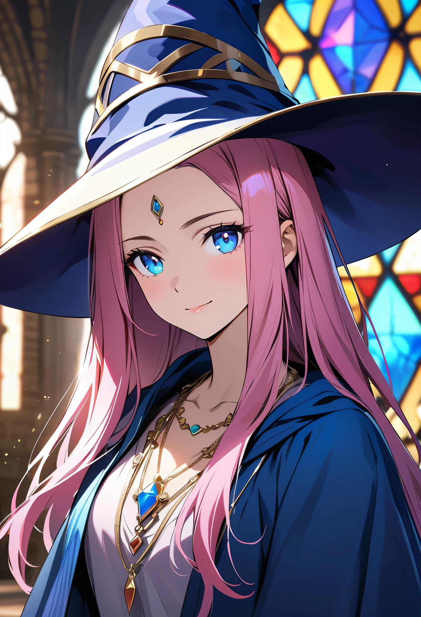 (Top image quality)，2023 Animation，Top animation quality，High-resolution details，Detailed wallpaper，(masterpiece)，(medium view), solo，A woman，upper body，Real style hair，Pink long hair，Exposed forehead，Realistic style eyes，Clear blue pupils，Beauty，light smile，Crystal color clothes，(loose wizard robe with gold edges)，Witch hat，Necklace made of colorful gemstones，Depth of Field，blur background，Medieval temple background，Stained glass windows，tapestry，Background Light，cinematic light