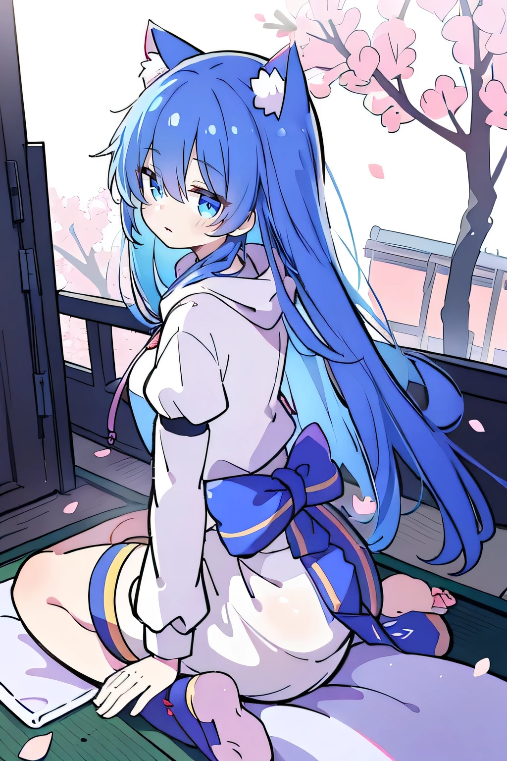 （masterpiece：1.2），Super detailed，lifelike，Expressive eyes，fair skin，perfect face shape，1 girl，
Japanese comics,Gorgeous blue hair,flowing blue hair,flowing clothes,Cat ears,Petals fall,beautiful lola,Baby Angel,
Shaking head with one hand，Cross your legs，Gentle and peaceful background，The pavilion is cool and comfortable,smile, wearing hoodie, background of tokyo,back views,snowing, winter.