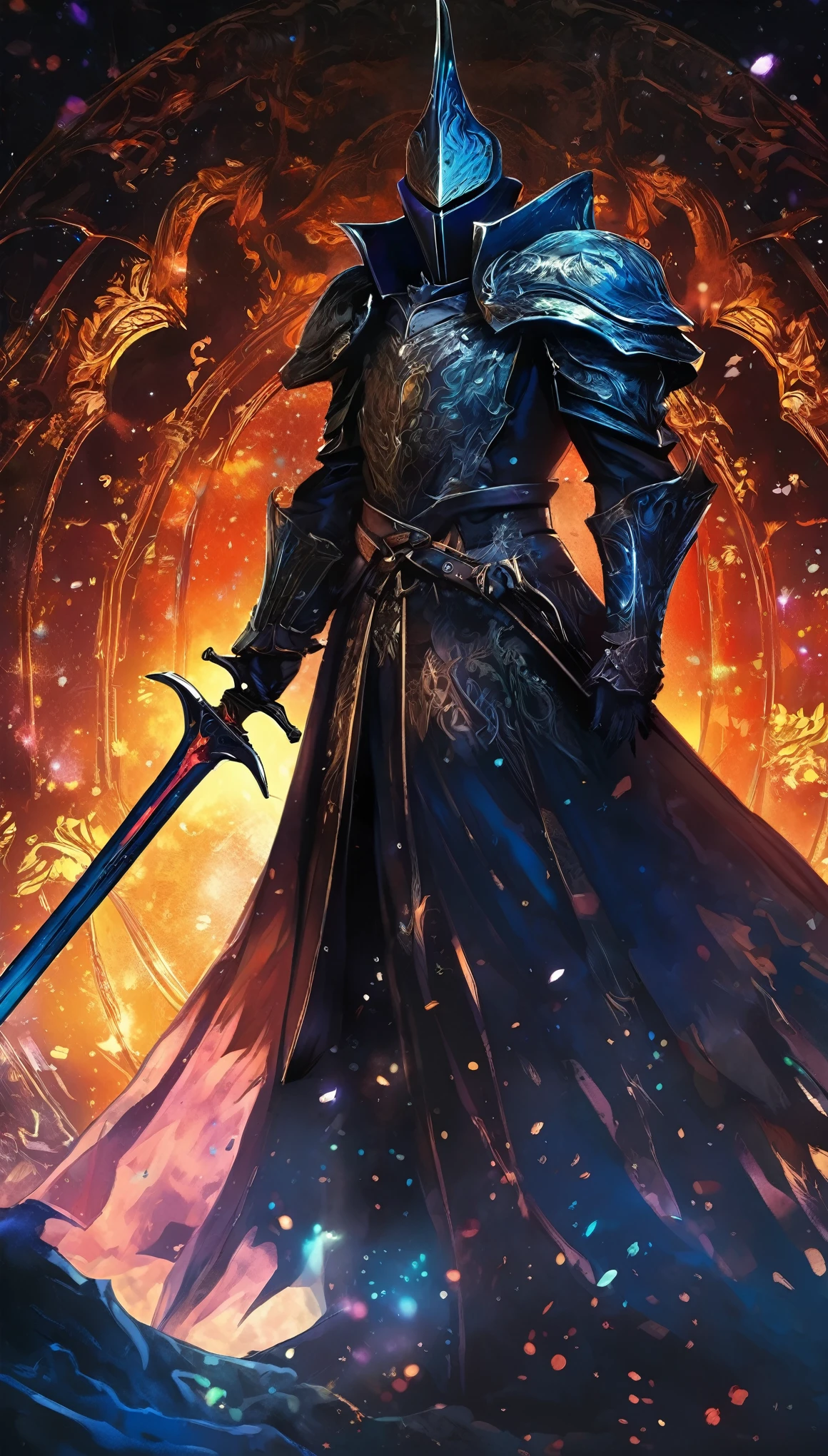 Mythical Knight king, (manhwa), solo leveling style , Bloodborne, close up, creature out of other dimention, galaxy background with full color, behaving like a god, not observing the camera, bacteria like, unreal, different dimension, dynamic angle, dynamic lighting, rim lighting, side lighting, extreme light and shadow, Ultra Realistic , Full Detail, high quality, Best graphic, beautiful pattern, wallpaper