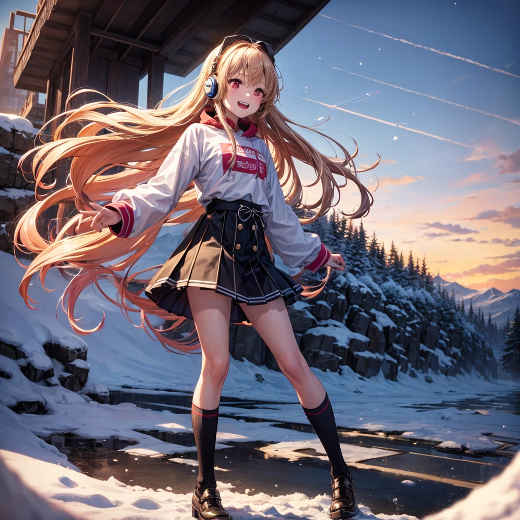Pink gold golden hair、Red eyes、One good looking girl、solo、anime、Checkered mini skirt、The skirt has buttons、White T-shirt、Long sleeve、China、Black knee-high socks、Wearing headphones、Wearing a ribbon、Ribbon on waist、Tilting face、Teeth are visible、tunnel、Sunset sky、The rocks are exploding、Penguins are walking、Snow is piled up、Rocky Mountain、The clouds are breaking through、Contrail、snowman