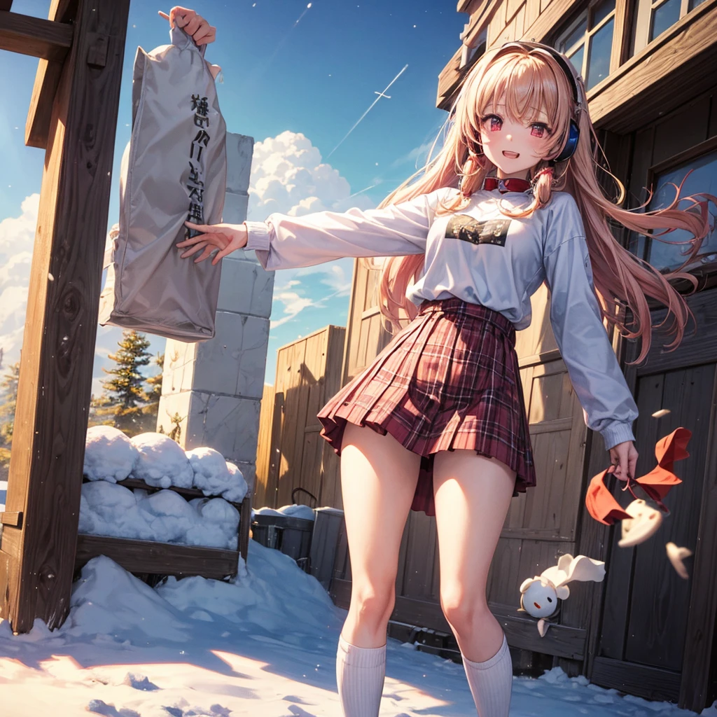 Pink gold golden hair、Red eyes、One good looking girl、solo、anime、Checkered mini skirt、The skirt has buttons、White T-shirt、Long sleeve、China、Black knee-high socks、Wearing headphones、Wearing a ribbon、Ribbon on waist、Tilting face、Teeth are visible、tunnel、Sunset sky、The rocks are exploding、Penguins are walking、Snow is piled up、Rocky Mountain、The clouds are breaking through、Contrail、snowman