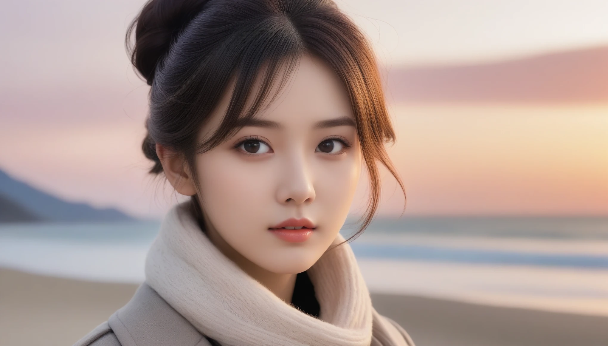 8K, 超High resolution, highest quality, masterpiece, Surreal, photograph,Three-part method, 1 girl, (16 years old:1.3), pretty girl, Cute face, Beautiful eyes in every detail,Japan Female Announcer,(wearing a long winter coat and scarf、Close-up of thin black two-sided updo:1.5)、(The girl turns around with a very sad look on her face, Her hair fluttering in the wind on the winter beach:1.5)、(Blurred Background:1.5)、(red sky at sunset:1.5)、(Perfect Anatomy:1.5)、(Complete Hand:1.3)、(Full Finger:1.3)、Photorealistic、生photograph、Tabletop、highest quality、High resolution、Delicate and beautiful、Perfect Face、Beautiful fine details、Fair skin、Real human skin、((Thin legs))、Bold Pose,super cute super model、Please look closely at the camera 、Vivid details、detailed、Surreal、Light and shadow,Strong light,Fashion magazine cover,Thin lips