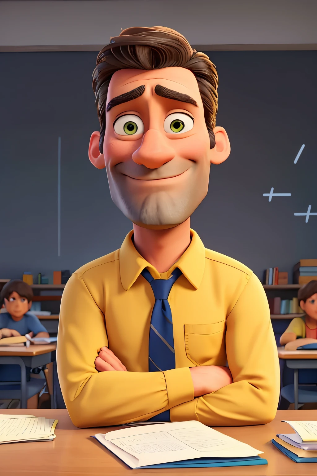 Jon Hamm, Cartoons in yellow shirt and blue pants, arms crossed, black Medium length beard, math teacher, word math,holding math books, olhando para frente e sorrindo com os dentes aparecendo;