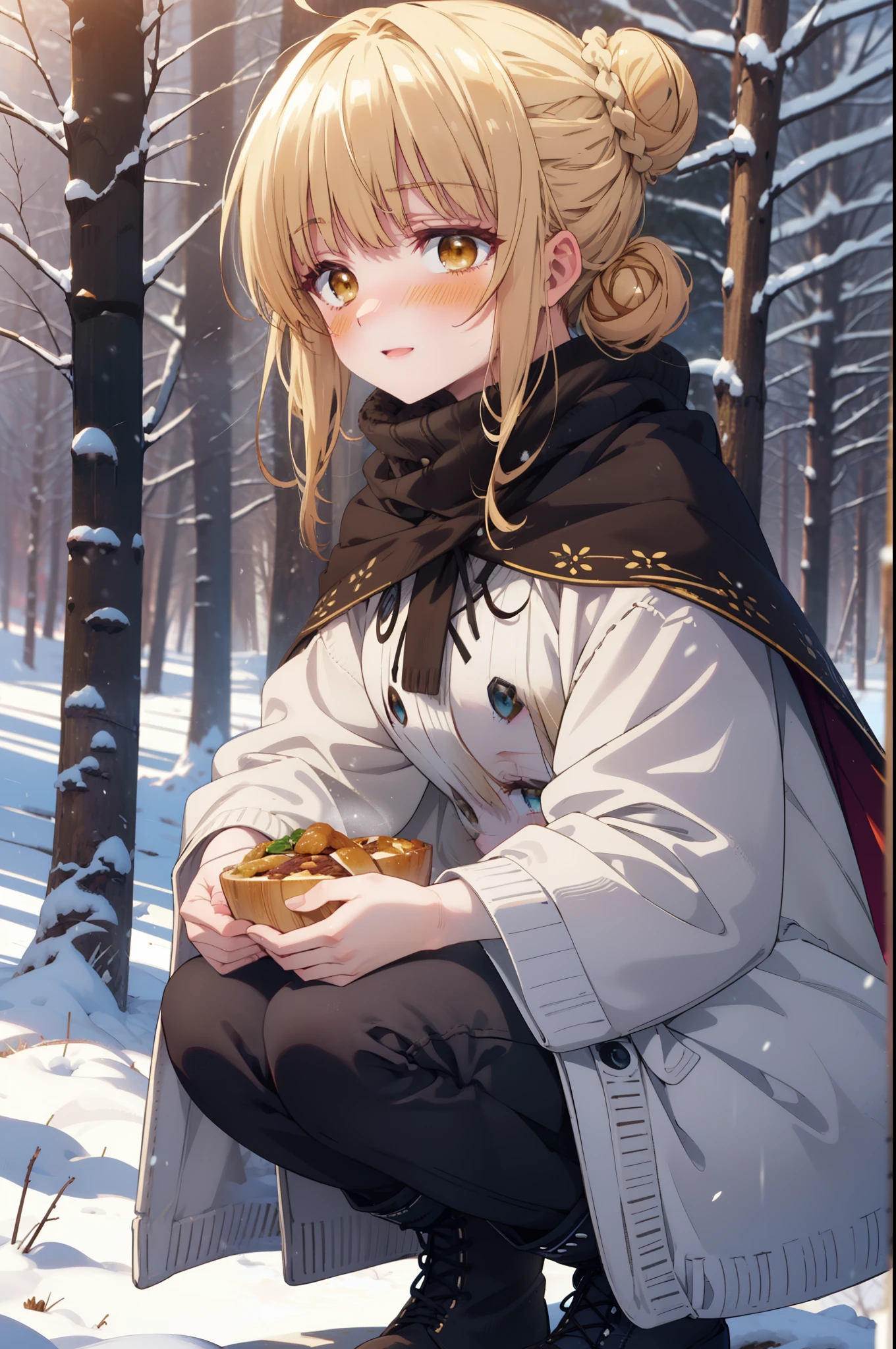 I am mahirushiina, Mahiru shiina, blonde, (Brown eyes:1.7), Long Hair, happy smile, smile, Open your mouth,Hair Bun, single Hair Bun,blush,White Breath,
Open your mouth,snow,Ground bonfire, Outdoor, boots, snowing, From the side, wood, suitcase, Cape, Blurred, Increase your meals, forest, White handbag, nature, Squat, Mouth closed, フードed Cape, winter, Written boundary depth, Black shoes, red Cape break looking at viewer, Upper Body, whole body, break Outdoor, forest, nature, break (masterpiece:1.2), highest quality, High resolution, unity 8k wallpaper, (shape:0.8), (Beautiful and beautiful eyes:1.6), Highly detailed face, Perfect lighting, Highly detailed CG, (Perfect hands, Perfect Anatomy),