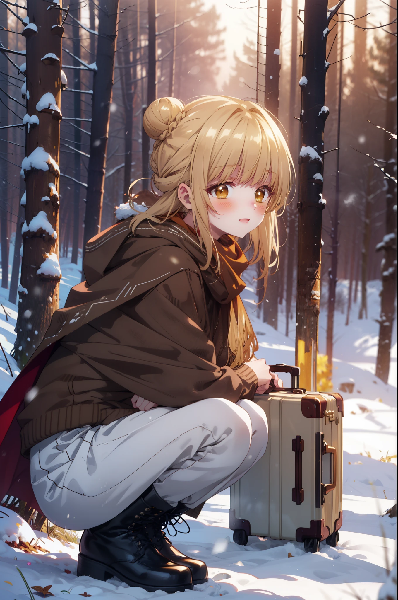 I am mahirushiina, Mahiru shiina, blonde, (Brown eyes:1.7), Long Hair, happy smile, smile, Open your mouth,Hair Bun, single Hair Bun,blush,White Breath,
Open your mouth,snow,Ground bonfire, Outdoor, boots, snowing, From the side, wood, suitcase, Cape, Blurred, Increase your meals, forest, White handbag, nature, Squat, Mouth closed, フードed Cape, winter, Written boundary depth, Black shoes, red Cape break looking at viewer, Upper Body, whole body, break Outdoor, forest, nature, break (masterpiece:1.2), highest quality, High resolution, unity 8k wallpaper, (shape:0.8), (Beautiful and beautiful eyes:1.6), Highly detailed face, Perfect lighting, Highly detailed CG, (Perfect hands, Perfect Anatomy),
