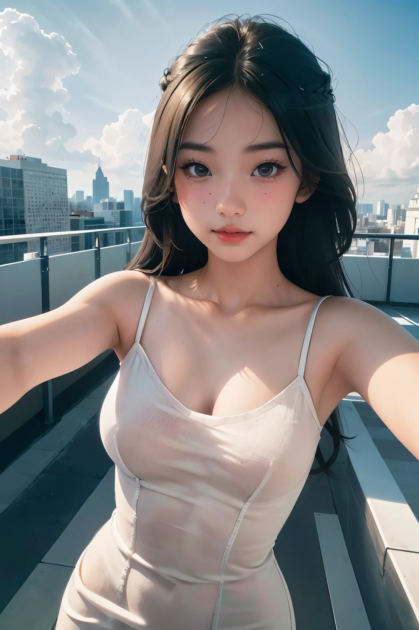 (alone:1.3)), 1 girl, best quality, TRUEistic, เหมือนTRUE, best quality, Masterpiece, Very delicate and beautiful, very detailed, (Selfie:1.2), great details, Special details, high definition, very detailed, TRUEistic, Ultra high definition, best quality, Ultra high definition, (TRUE:1.4), High quality texture, Wear a white, thin knit dress in summer., rooftop, smooth, long hair , afternoon lighting, Beautiful sky and clouds