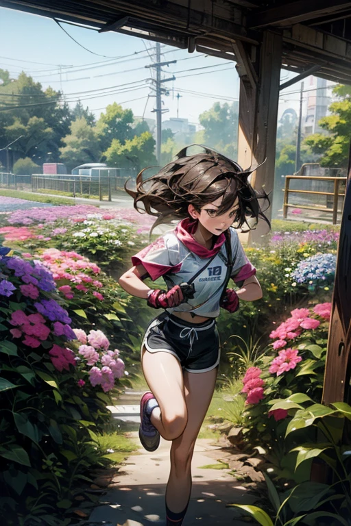 a girl rides a bicycle, in running shorts, short shorts, Abandoned flower garden