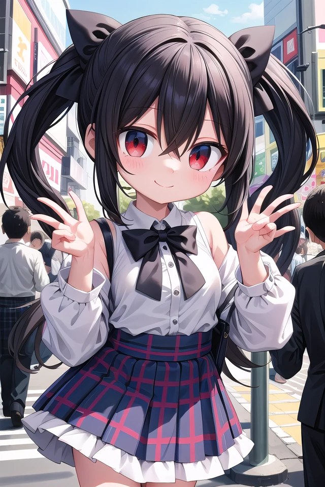 insanely detailed, absurdres, ultra-highres, ultra-detailed, best quality,
1girl, solo, nice hands, perfect hands,
BREAK
jirai kei,plaid skirt, shirt, long sleeves, bow, blue skirt, white shoulder frilly shirt, outdoors, blue bow, long hair
BREAK
happy smile, laugh, closed mouth, standing,
,
cute pose, cowboy shot,
BREAK
slender, kawaii, perfect symmetrical face, ultra cute girl, ultra cute face, ultra detailed eyes, ultra detailed hair, ultra cute, ultra beautiful,
BREAK
in harajuku, shibuya, tokyo, street, crowd, cityscape,
BREAK
medium breasts,
(black hair, red eyes), hair between eyes