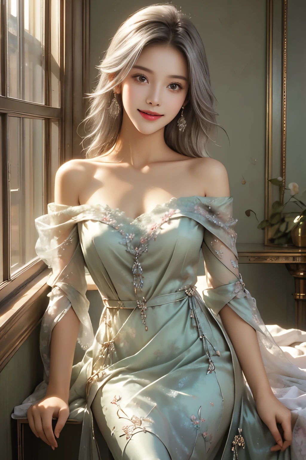 (best quality, masterpiece:1.2),1girl,off shoulder,(soft colored hair:1.3),silver hair,clutter girl's lovely room,teddy bear,15 year old,smile,beaming face,extremely high resolution,photorealistic,RAW photography,depth of field,amazingly high detailed eyes and face,silky smooth skin,((mmTD burmese patterned traditional dress)),emerald green dress,floral printed dress,vivid colors,lush colors,stunning lighting,airy and ethereal ambiance,sparkling sunlight streaming through the window,soft and dreamy atmosphere