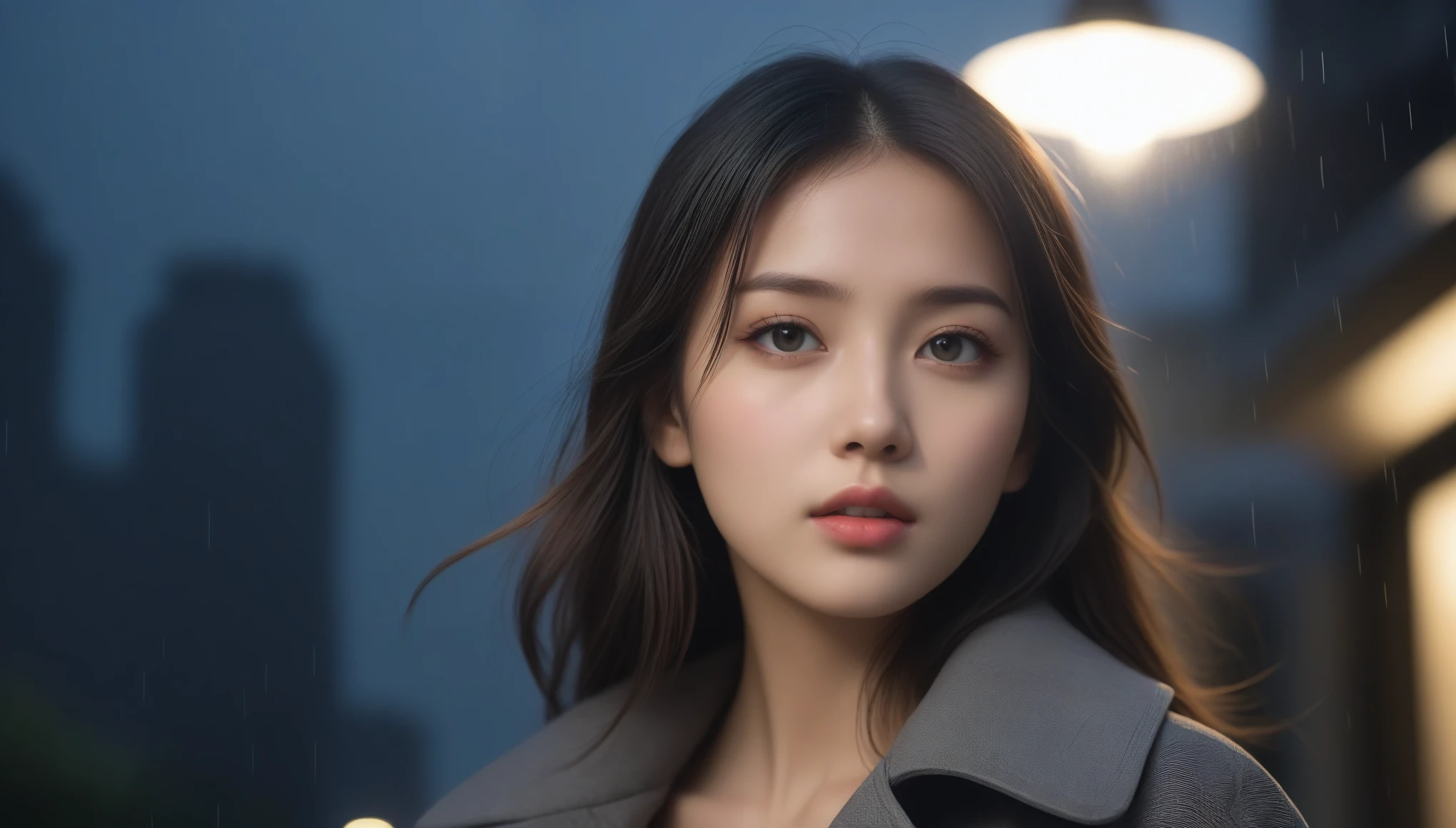8K, Ultra-high resolution, highest quality, masterpiece, Surreal, photograph,Three-part method, 1 girl, (16 years old:1.3), pretty girl, Cute face, Beautiful eyes in every detail,(highest quality,masterpiece:1.3,In 8K),(Photorealistic:1.4,RAW shooting,Caustics),Night City,(Very heavy rain:1.2),Street lamp,(Street lampの光を反射して白く輝く雨粒:1.2),(Woman looking up at the sky),Middle Hair,Sad expression,Long coat,Bust up shot,((Thin legs))、Bold Pose,super cute super model、Please look closely at the camera,Vivid details、detailed、Surreal、Light and shadow,Strong light,Fashion magazine cover,Thin lips