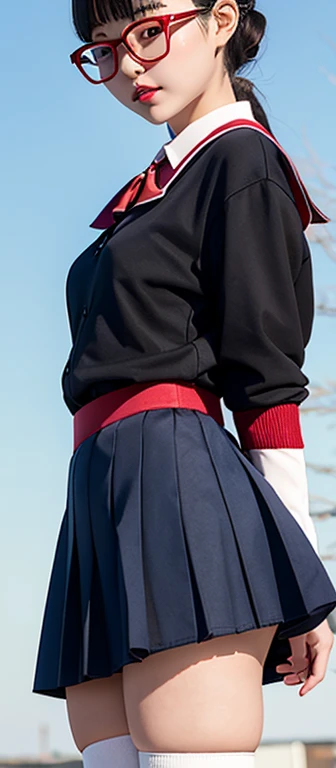 high quality、masterpiece、high school girl、Two Japanese women、19 years old、Over the knee socks、Hime cut、garter belt、Low Angle、The wind blows and my skirt flutters、Very sensitive skin、Fair skin、Red lip makeup、Young Face、Slim figure、(Red frame glasses)、No sleeve、Camel Toe,Clearly visible