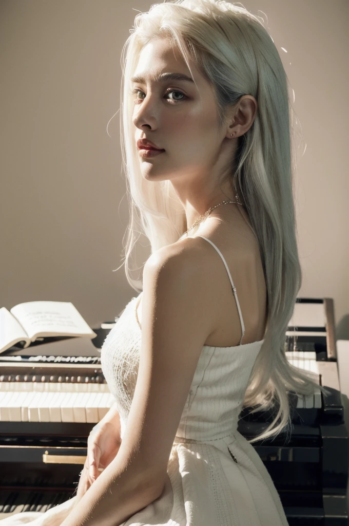 (masterpiece, top quality, best quality,8k,17 years old girl,ultra detailed,raw photo:1.5),(photorealistic:1.4),(cinematic lighting), PerfectNwsjMajic, , Surrealism, UHD, ccurate, Super detail, textured skin, High detail, Best quality, dynamic angle, (high nose,White skin),[Beautiful blue eyes],[flat chest:large breasts:0.5],(1girl),(good anatomy:0.5)), long hair, piano, instrument, black eyes, dress, white dress, white hair, looking at viewer, light particles, indoors, jewelry, sleeveless, bare shoulders, from side,perfect symmetrical body,