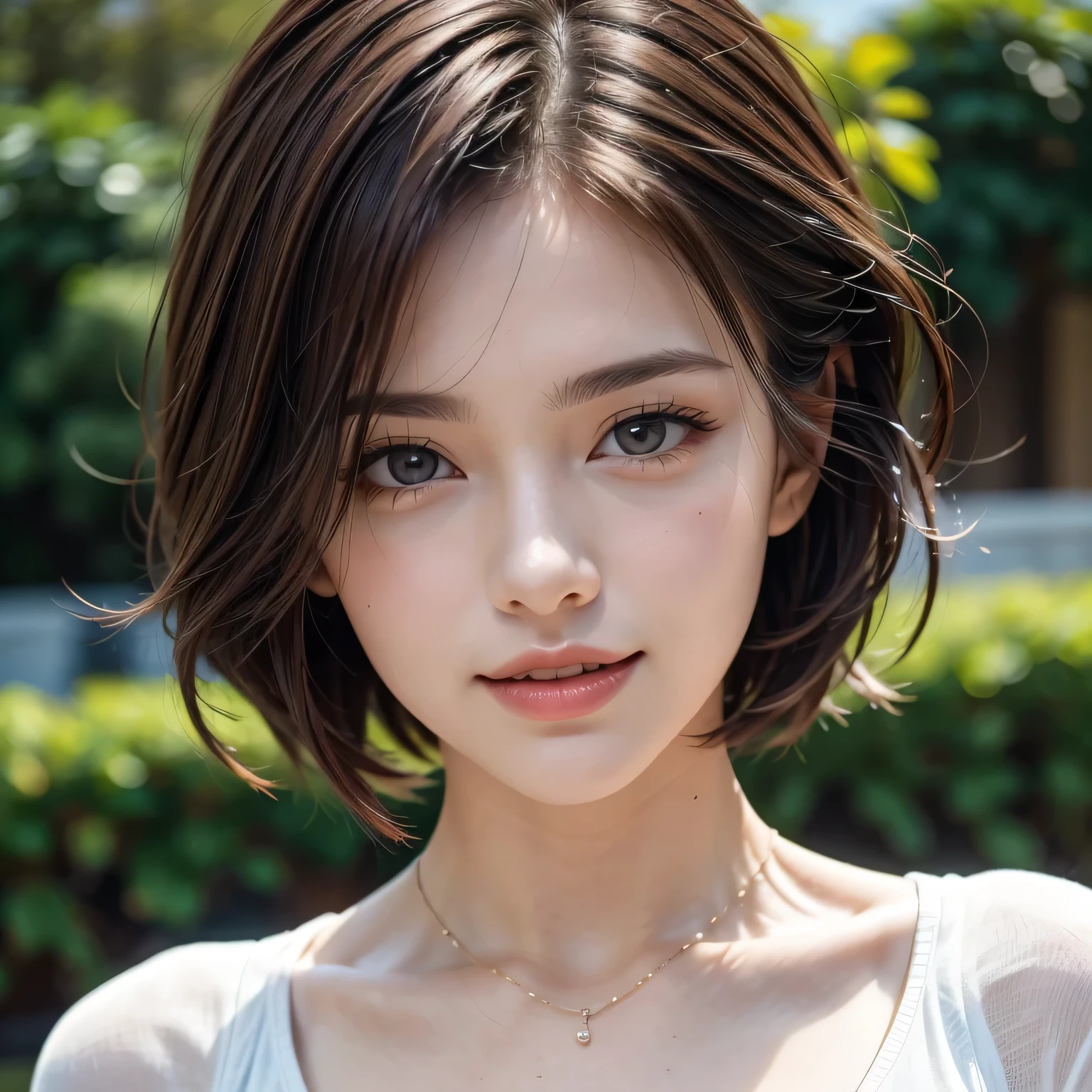 (8k, RAW Photos, highest quality, masterpiece, Realistic, Realistic), (1 female), (Ultimate beauty), Highly detailed face, (Perfect Teeth), Beautiful Eyes, double eyelid, eyelash, smile, Lip details, Brunette Bob, The light shines on your face, Big Breasts, ((T-Shirts)), (Upper Body), (background: garden), ((Written boundary depth))