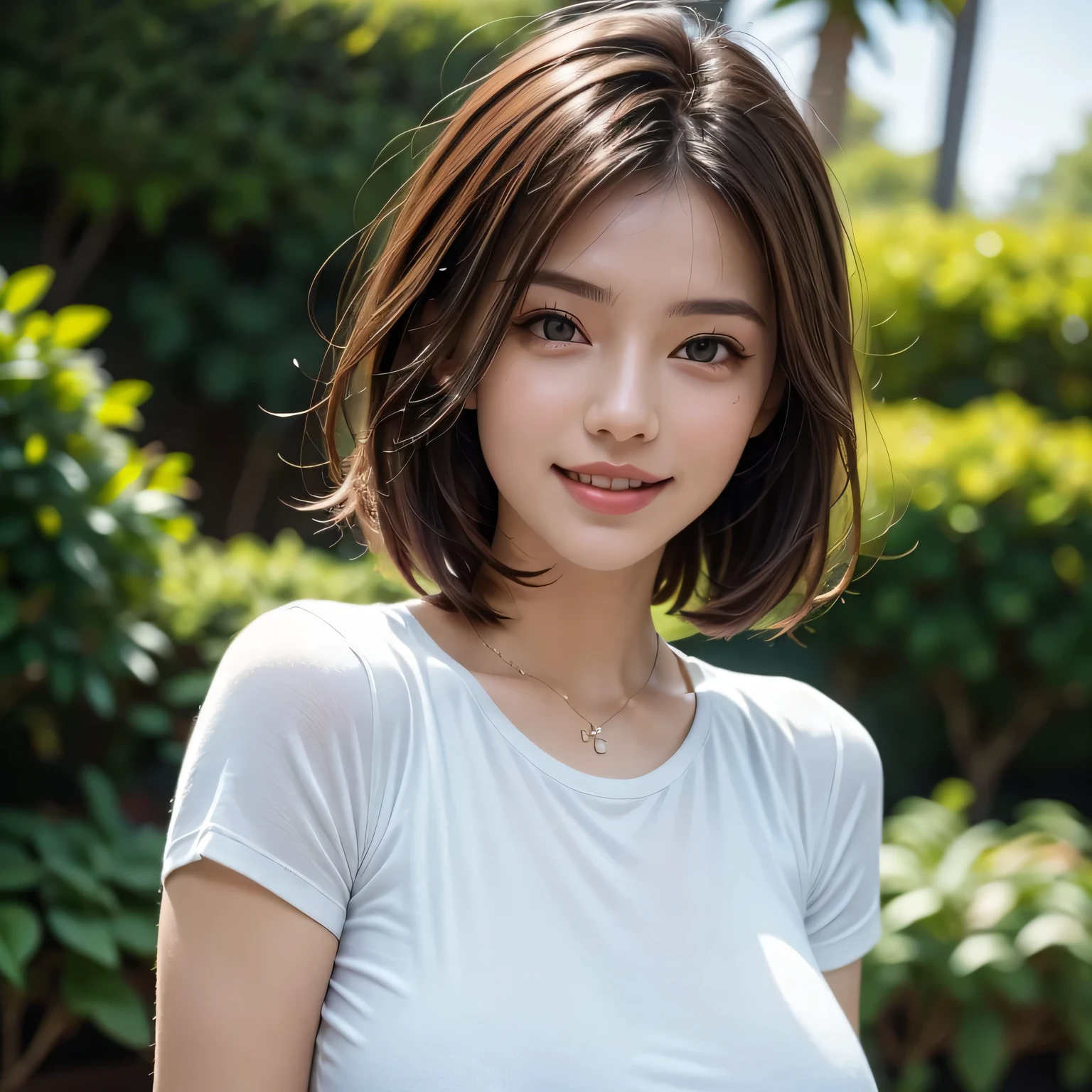 (8k, RAW Photos, highest quality, masterpiece, Realistic, Realistic), (1 female), (Ultimate beauty), Highly detailed face, (Perfect Teeth), Beautiful Eyes, double eyelid, eyelash, smile, Lip details, Brunette Bob, The light shines on your face, Big Breasts, ((T-Shirts)), (Upper Body), (background: garden), ((Written boundary depth))