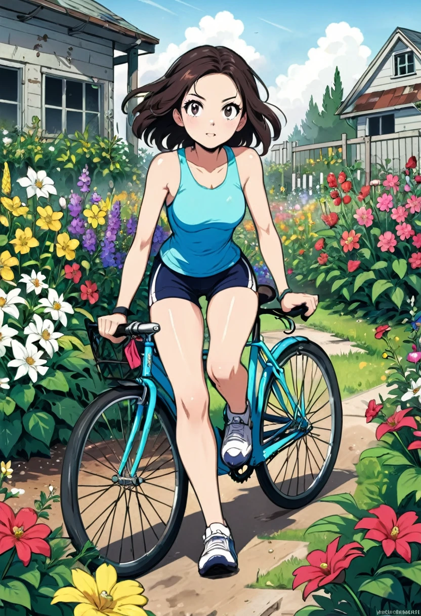 a girl rides a bicycle, in running shorts, short shorts, Abandoned flower garden