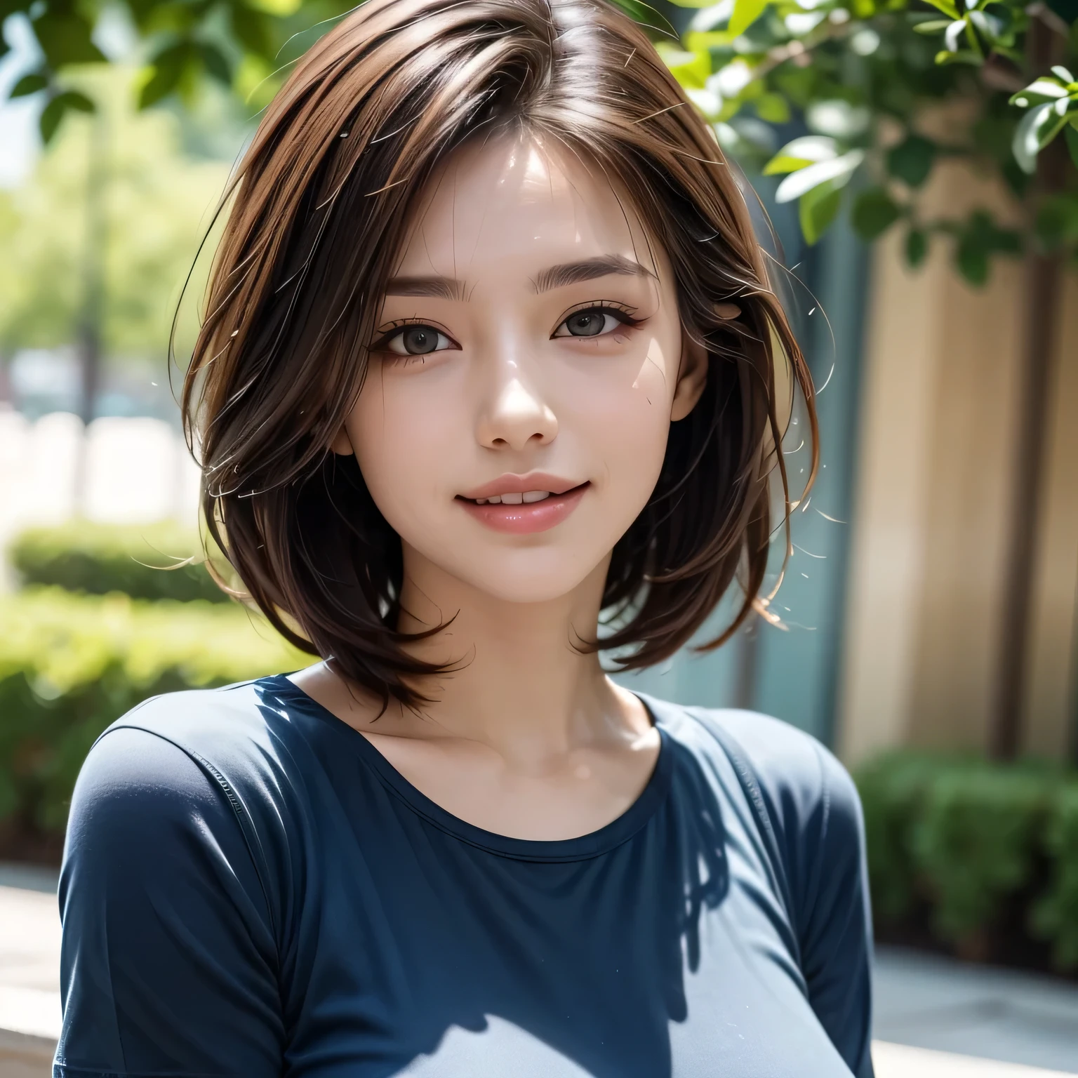 (8k, RAW Photos, highest quality, masterpiece, Realistic, Realistic), (1 female), (Ultimate beauty), Highly detailed face, (Perfect Teeth), Beautiful Eyes, double eyelid, eyelash, smile, Lip details, Brunette Bob, The light shines on your face, Big Breasts, ((T-Shirts)), (Upper Body), (background: garden), ((Written boundary depth))