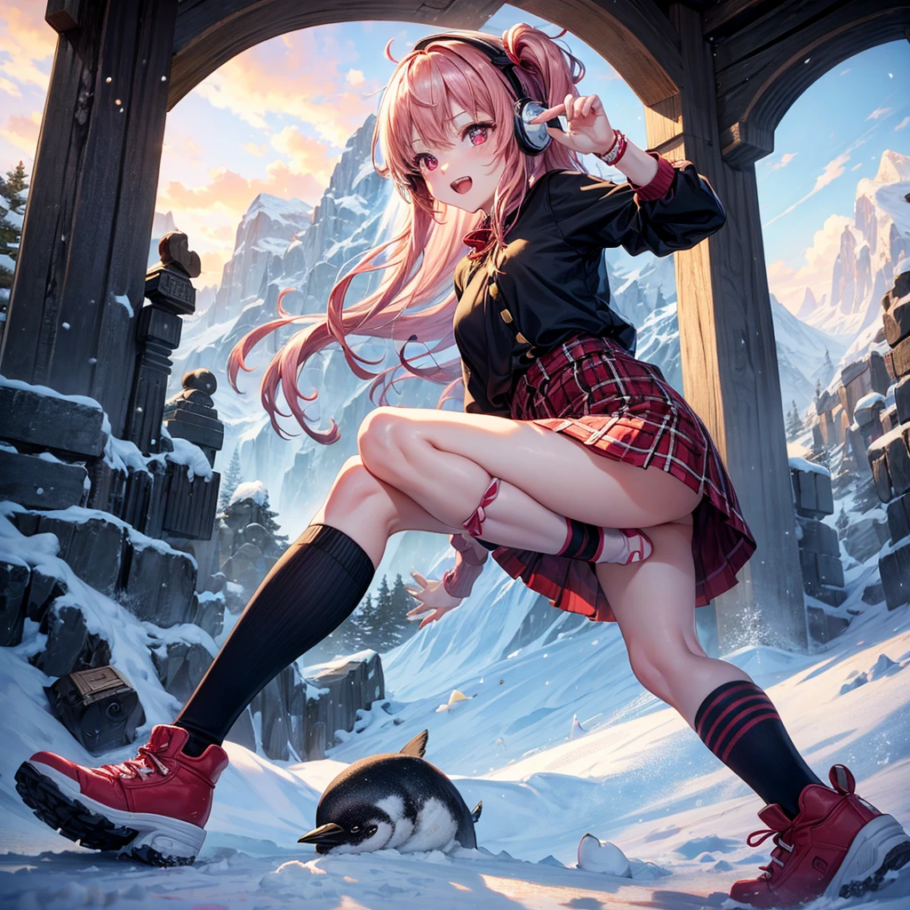 Pink gold golden hair、Red eyes、One good looking girl、solo、anime、Checkered mini skirt、The skirt has buttons、White T-shirt、Long sleeve、China、Black knee-high socks、Wearing headphones、Wearing a ribbon、Ribbon on waist、Tilting face、Teeth are visible、tunnel、Sunset sky、The rocks are exploding、Penguins are walking、Snow is piled up、Rocky Mountain、The clouds are breaking through、Contrail、snowman