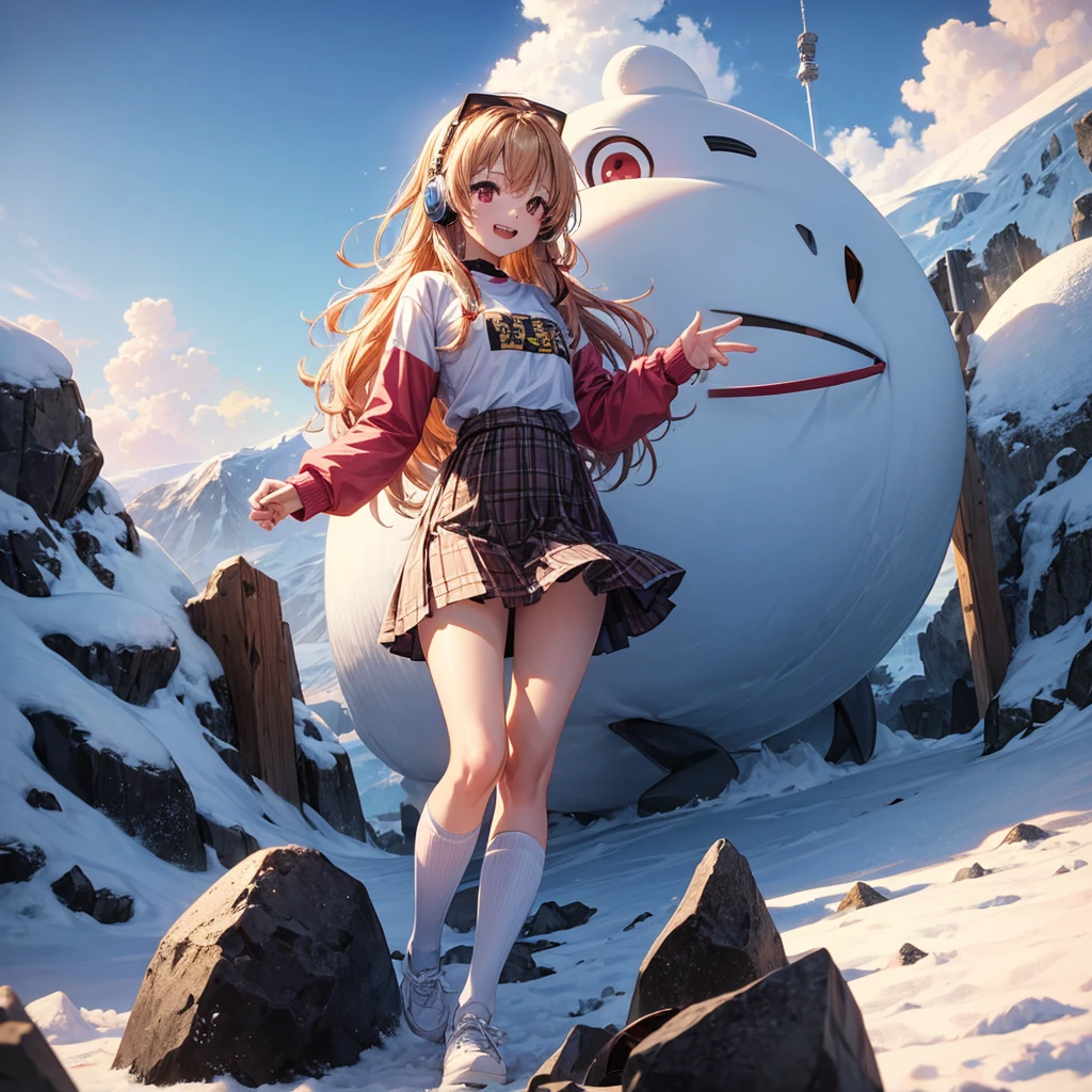 Pink gold golden hair、Red eyes、One good looking girl、solo、anime、Checkered mini skirt、The skirt has buttons、White T-shirt、Long sleeve、China、Black knee-high socks、Wearing headphones、Wearing a ribbon、Ribbon on waist、Tilting face、Teeth are visible、tunnel、Sunset sky、The rocks are exploding、Penguins are walking、Snow is piled up、Rocky Mountain、The clouds are breaking through、Contrail、snowman