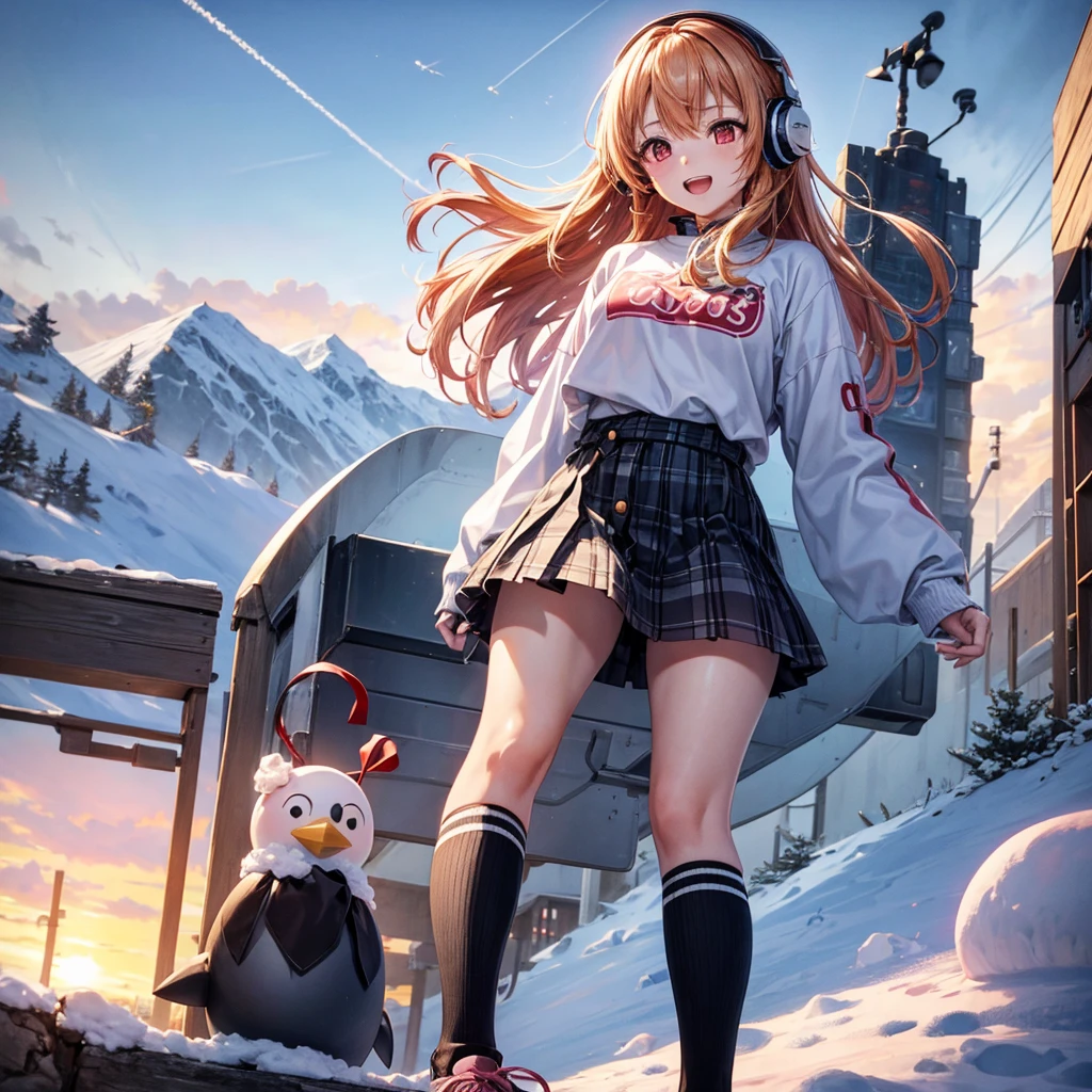 Pink gold golden hair、Red eyes、One good looking girl、solo、anime、Checkered mini skirt、The skirt has buttons、White T-shirt、Long sleeve、China、Black knee-high socks、Wearing headphones、Wearing a ribbon、Ribbon on waist、Tilting face、Teeth are visible、tunnel、Sunset sky、The rocks are exploding、Penguins are walking、Snow is piled up、Rocky Mountain、The clouds are breaking through、Contrail、snowman
