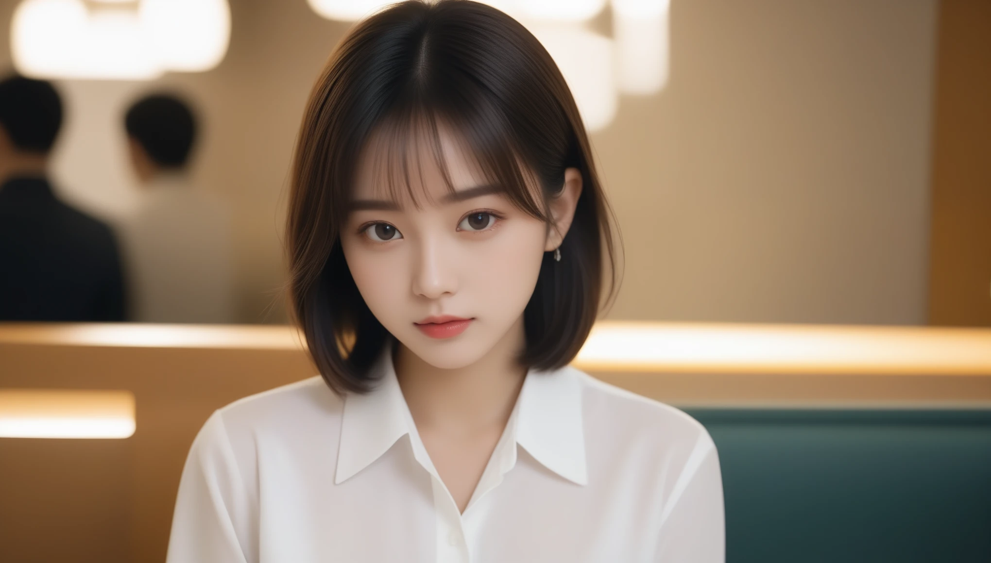 8K, 超High resolution, highest quality, masterpiece, Surreal, photograph,Three-part method, girl1名, (:1.3), かわいいgirl, Cute face, Beautiful eyes in every detail,Product quality, Upper Body Shot, Front view, Airport Cafe, girl, Young and beautiful Japan woman, Short Bob Hair, 超Cute face, glamorous, I wear a satin silk white shirt with short sleeves and long sleeves with a collar, Airport Cafeで笑顔いっぱい, Glossy Lips, Double eyelids on both eyes, Natural Makeup, Long eyelashes, Shiny and smooth light brown hair, Asymmetrical bangs, Sunburned skin, Center image, High resolution, Attention to detail, detailedな髪型, detailedな顔, Cinema Lighting, Surreal, Perfect body,,、((Thin legs))、Bold Pose,super cute super model、Please look closely at the camera 、Vivid details、detailed、Surreal、Light and shadow,Strong light,Fashion magazine cover,Thin lips