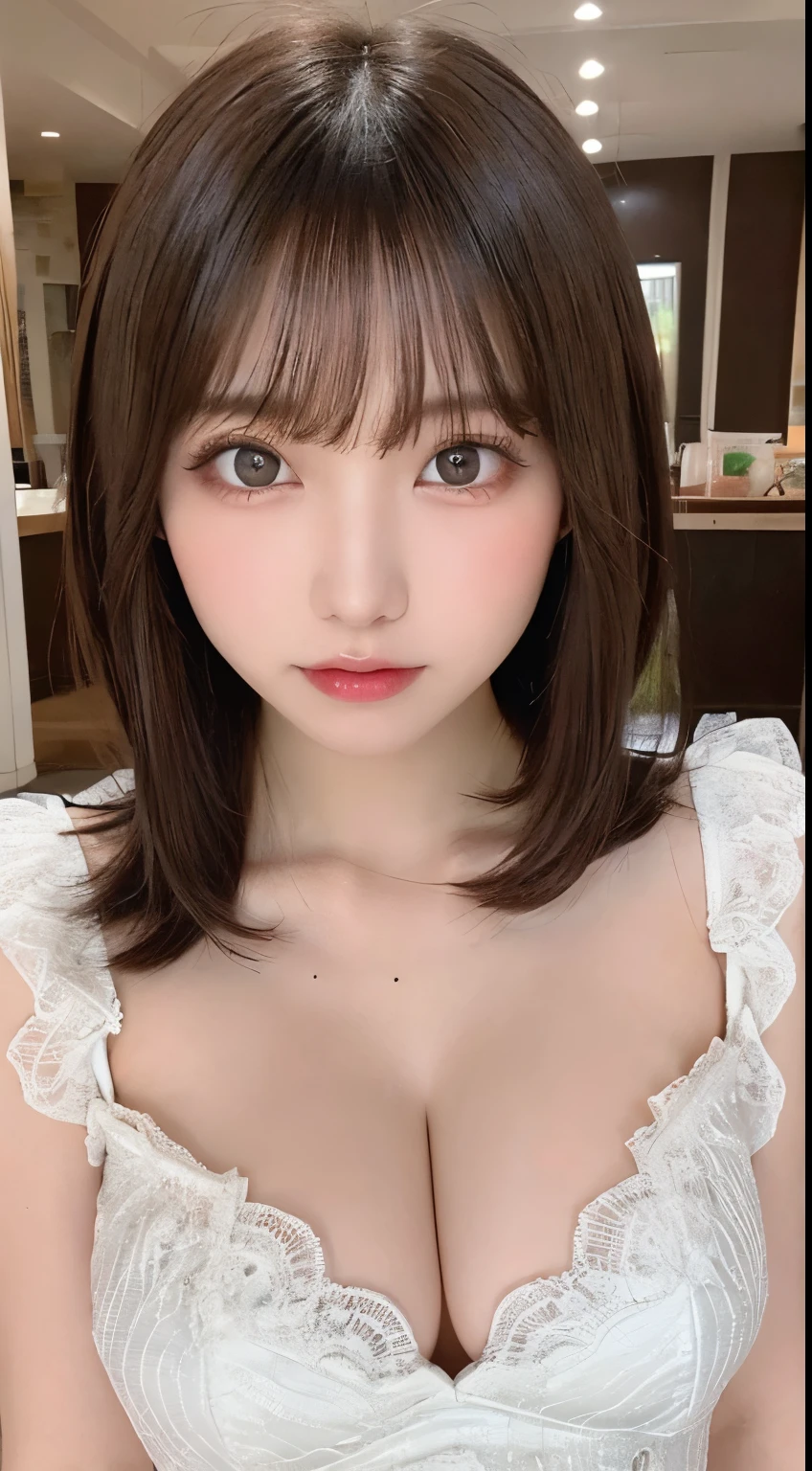 Tabletop, highest quality, One Girl, (beautiful girl:1.3), (18-year-old:1.3), Very good eye clarity, (Symmetrical eyes:1.3), (Police Costume:1.2), Beautiful breasts,Big Breasts，Big Breasts，Visible cracks， Brown eyes, Parted bangs, Brown Hair，Police uniform revealing cleavage，erotic，The finer details