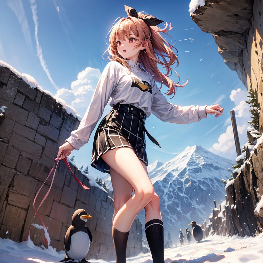 Pink gold golden hair、Red eyes、One good looking girl、solo、anime、Checkered mini skirt、The skirt has buttons、White T-shirt、Long sleeve、China、Black knee-high socks、Wearing headphones、Wearing a ribbon、Ribbon on waist、Tilting face、Teeth are visible、tunnel、Sunset sky、The rocks are exploding、Penguins are walking、Snow is piled up、Rocky Mountain、The clouds are breaking through、Contrail、snowman