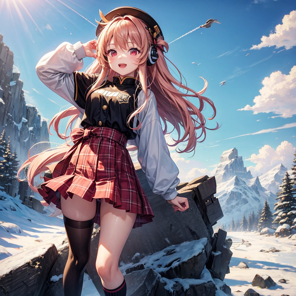 Pink gold golden hair、Red eyes、One good looking girl、solo、anime、Checkered mini skirt、The skirt has buttons、White T-shirt、Long sleeve、China、Black knee-high socks、Wearing headphones、Wearing a ribbon、Ribbon on waist、Tilting face、Teeth are visible、tunnel、Sunset sky、The rocks are exploding、Penguins are walking、Snow is piled up、Rocky Mountain、The clouds are breaking through、Contrail、snowman