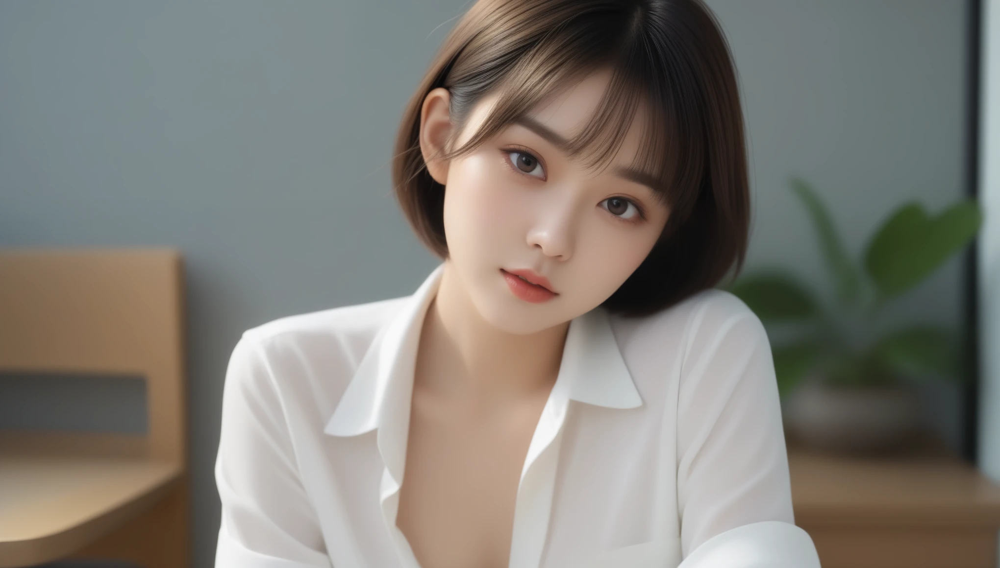 8K, 超High resolution, highest quality, masterpiece, Surreal, photograph,Three-part method, girl1名, (16 years old:1.3), かわいいgirl, Cute face, Beautiful eyes in every detail,Product quality, Upper Body Shot, Front view, Airport Cafe, girl, Young and beautiful Japan woman, Short Bob Hair, 超Cute face, glamorous, I wear a satin silk white shirt with short sleeves and long sleeves with a collar, Airport Cafeで笑顔いっぱい, Glossy Lips, Double eyelids on both eyes, Natural Makeup, Long eyelashes, Shiny and smooth light brown hair, Asymmetrical bangs, Sunburned skin, Center image, High resolution, Attention to detail, detailedな髪型, detailedな顔, Cinema Lighting, Surreal, Perfect body,,、((Thin legs))、Bold Pose,super cute super model、Please look closely at the camera 、Vivid details、detailed、Surreal、Light and shadow,Strong light,Fashion magazine cover,Thin lips