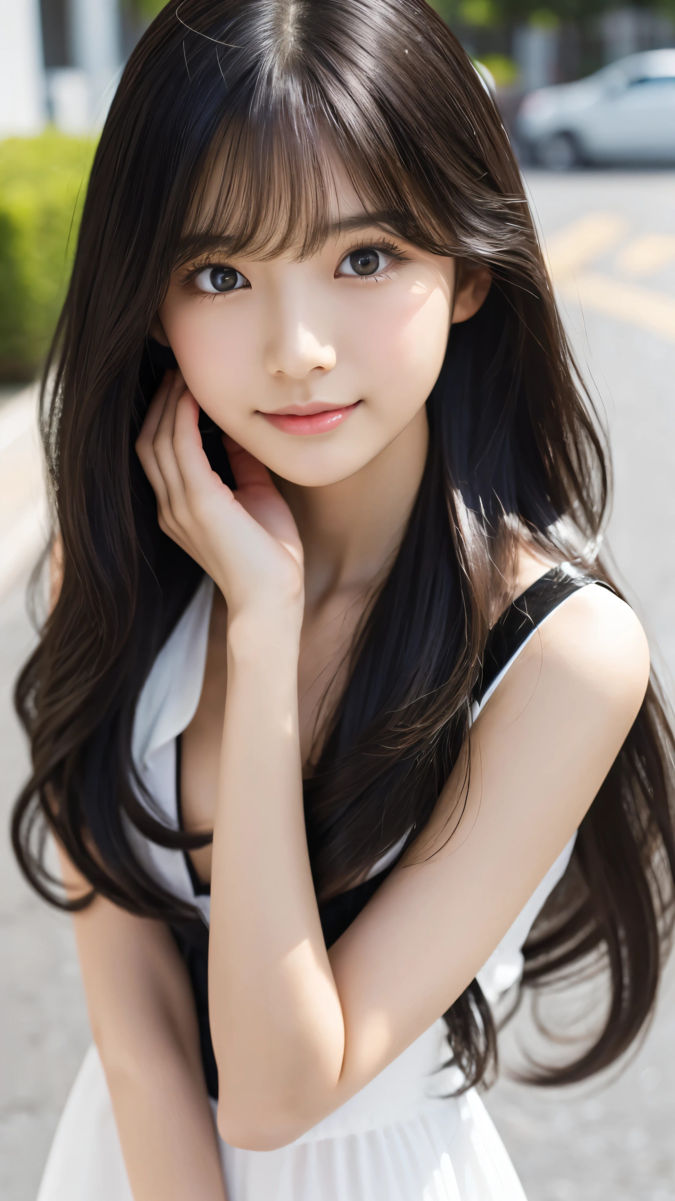 Shining, clear, white skin、Her windblown black hair hides her beautiful face.、huge、Sexy beautiful face of 28 years old、Beautiful straight hair that stands out、growing up, glowing light brown eyes、Sexy long silky bangs covering the eyes, Sexy young woman with super long hair hiding her sexy face、Shiny black hair、(((Sexy Woman)))、The cleavage is visible,Red sexy dress