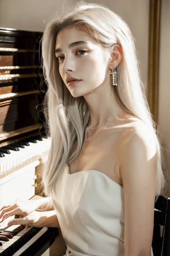 (masterpiece, top quality, best quality,8k,17 years old girl,ultra detailed,raw photo:1.5),(photorealistic:1.4),(cinematic lighting), PerfectNwsjMajic, , Surrealism, UHD, ccurate, Super detail, textured skin, High detail, Best quality, dynamic angle, (high nose,White skin),[Beautiful blue eyes],[flat chest:large breasts:0.5],(1girl),(good anatomy:0.5)), long hair, piano, instrument, black eyes, dress, white dress, white hair, looking at viewer, light particles, indoors, jewelry, sleeveless, bare shoulders, from side,perfect symmetrical body,