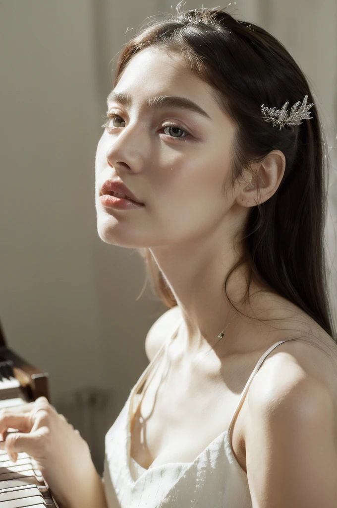 (masterpiece, top quality, best quality,8k, girl,ultra detailed,raw photo:1.5),(photorealistic:1.4),(cinematic lighting), PerfectNwsjMajic, , Surrealism, UHD, ccurate, Super detail, textured skin, High detail, Best quality, dynamic angle, (high nose,White skin),[Beautiful blue eyes],[flat chest:large breasts:0.5],(1girl),(good anatomy:0.5)), long hair, piano, instrument, black eyes, dress, white dress, white hair, looking at viewer, light particles, indoors, jewelry, sleeveless, bare shoulders, from side,perfect symmetrical body,