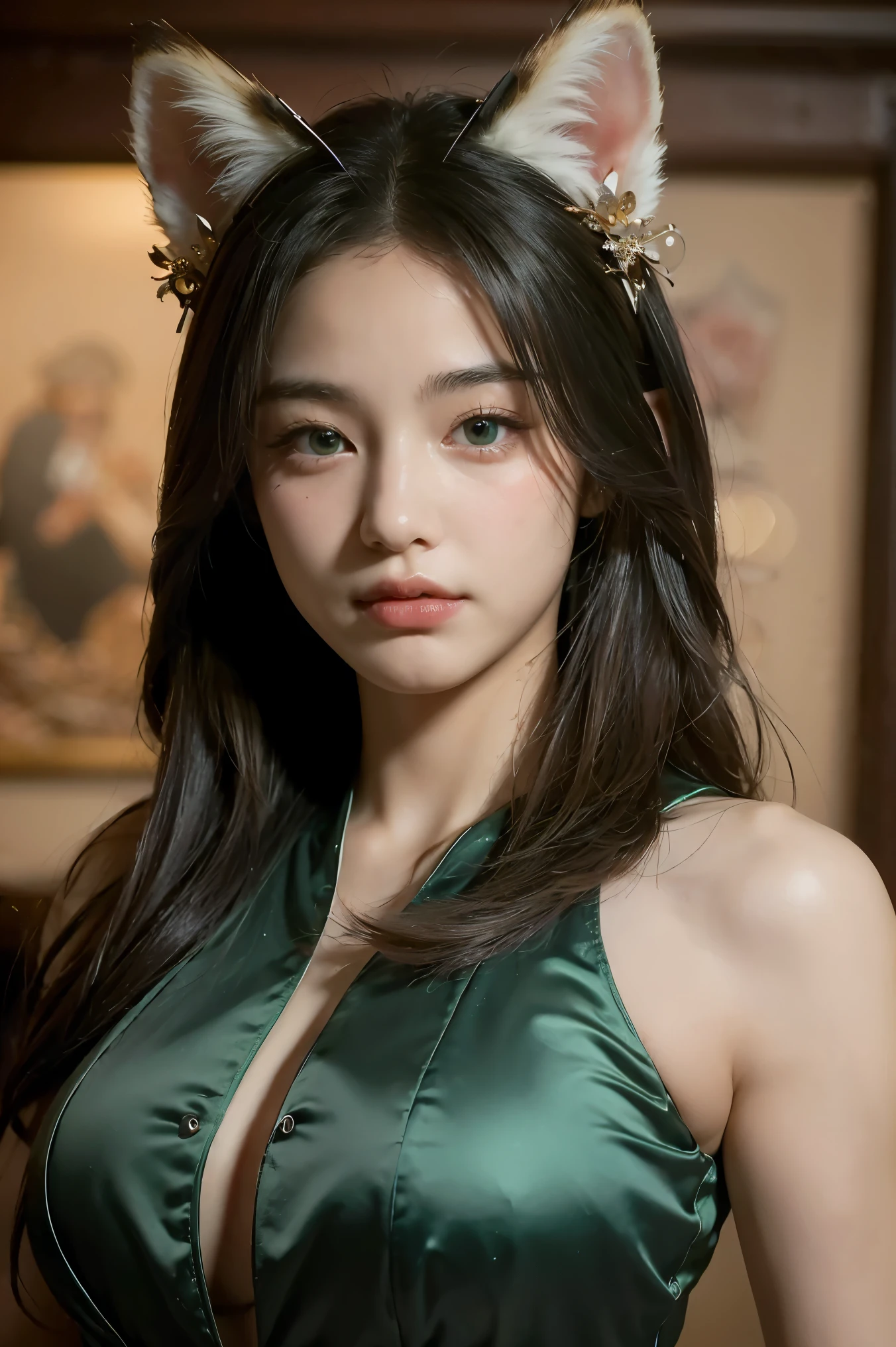 (solo:1.5),(masterpiece:1.5),(best quality:1.5),(bust:1.3),Amazing,beautiful detailed,extremely detailed wallpaper,extremely detailed CG unity 8k wallpaper,extremely delicate and beautiful eyes,1girl, green eyes,,fox-ears,