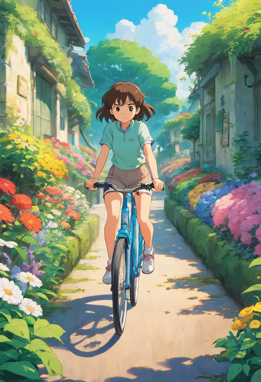 a girl rides a bicycle, in running shorts, short shorts, Abandoned flower garden
