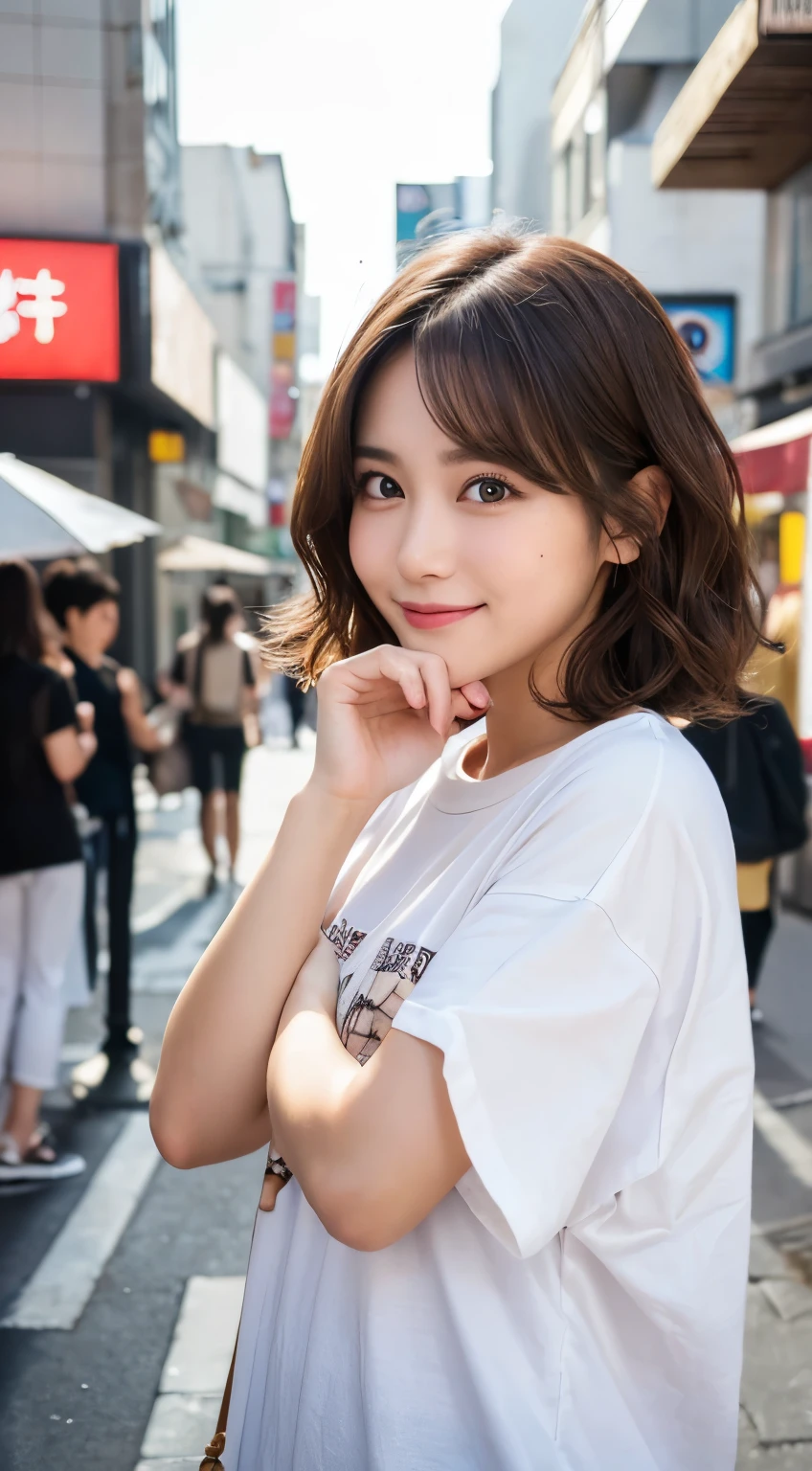 (highest quality,8K quality,masterpiece:1.3,),(超A high resolution:1.3,Photorealistic:1.4,Raw photo:1.2),(Ultra-detailed:1.2,Glowing Skin,Detailed skin:1.1),(Detailed face,Perfect Anatomy,Caustics:1.2), (Symmetrical eyes:1.3),1 girl,cute,Japanese,22 years old,Japanese Ido,Natural brown hair,Short hair curled outwards,cute目,Natural Makeup,Oversized T-shirt,Laughter,Looking at the camera,On the face,Face Focus,Street Corner,Professional Writing,Natural soft light,