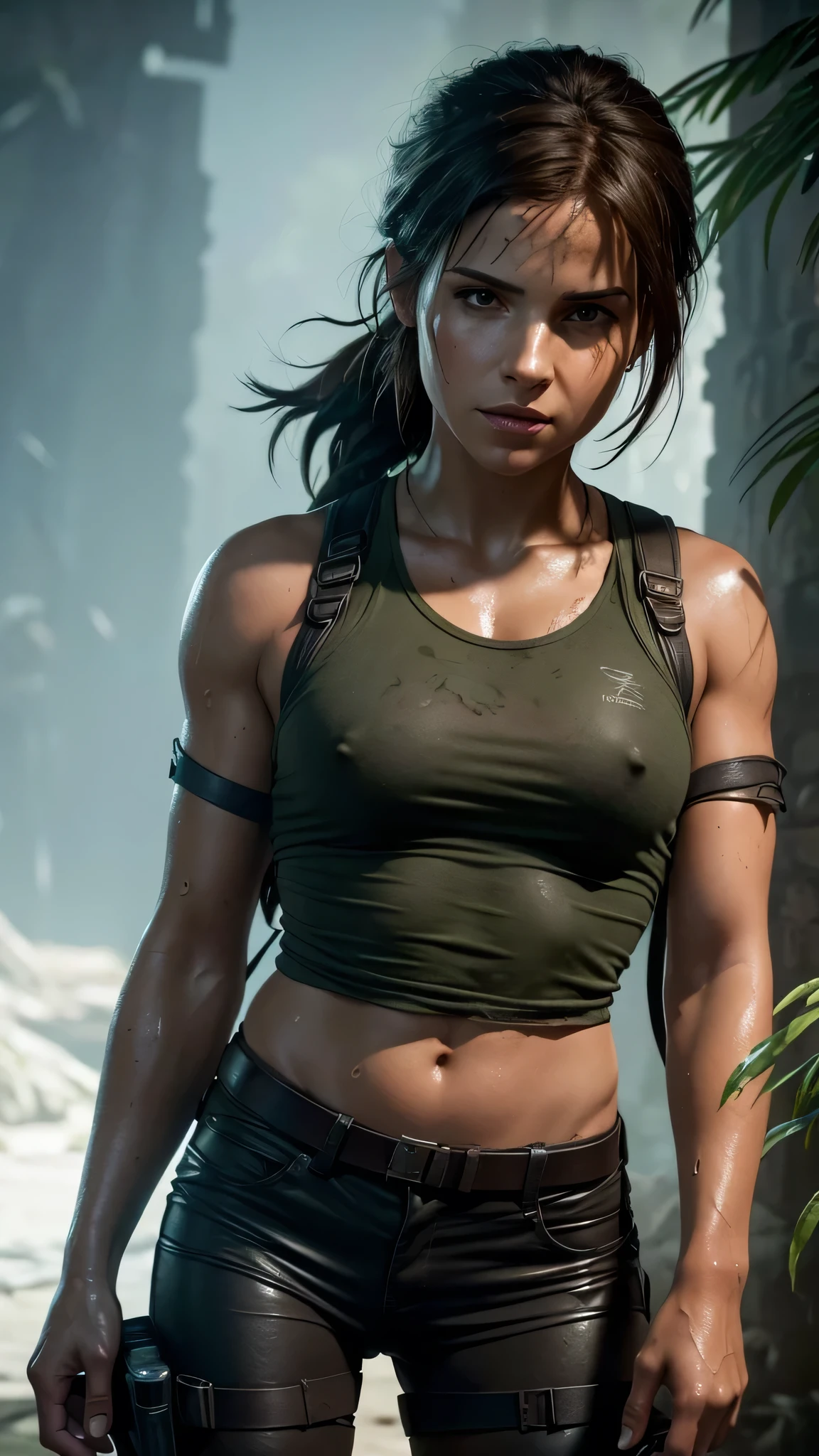 a close up of a woman with wet clothes and a backpack, shadow of the tomb raider, portrait of lara croft, tomb raider beautiful, lara croft, shadow of the tomb rider, small character. unreal engine 5, unreal engine character art, unreal engine 5 tech demo, female lead character, tomb raider setting, emma watson as lara croft, cinematic unreal engine 5