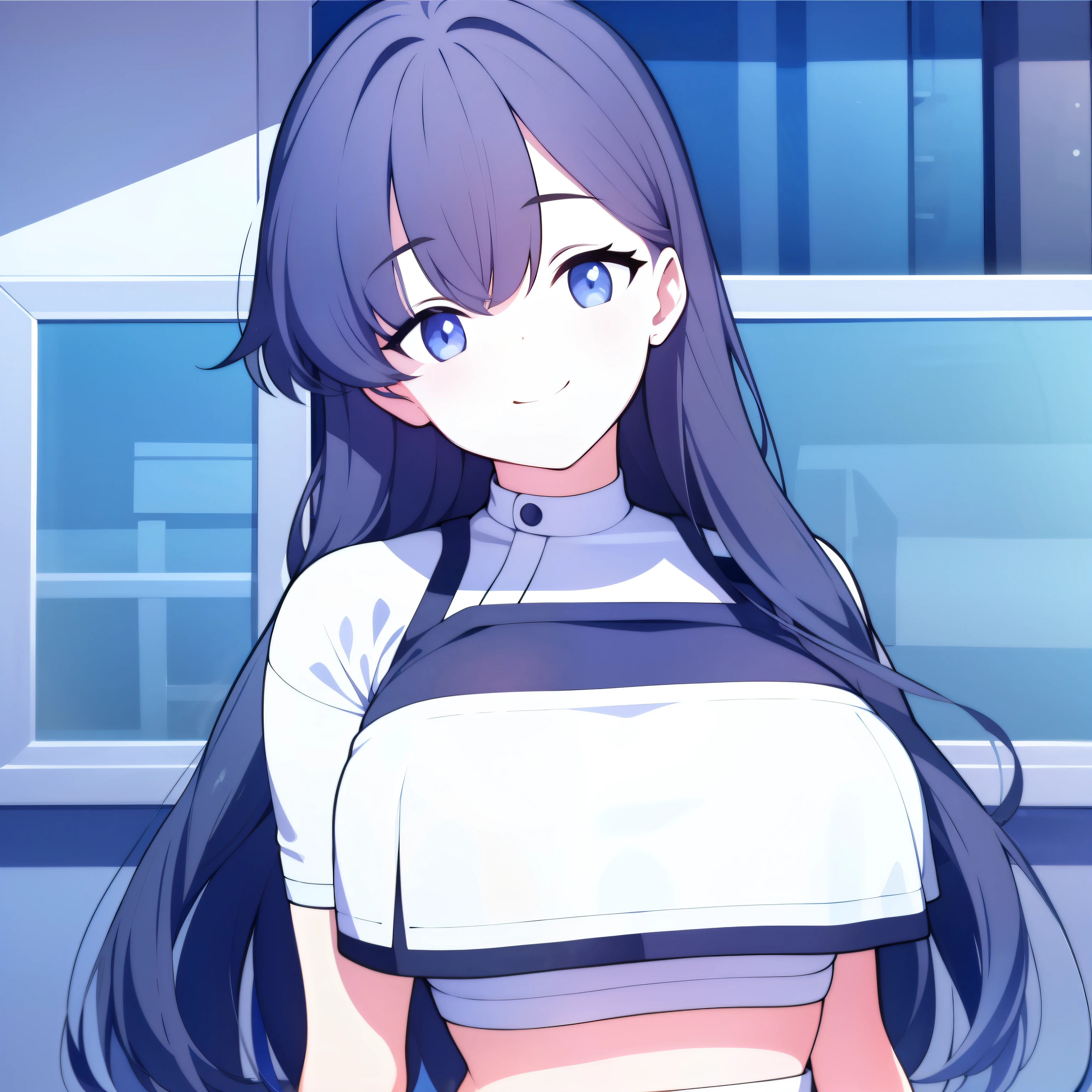 masterpiece, best quality, 1girl, empty eyes, utsurome, hot white crop top, busty, smile