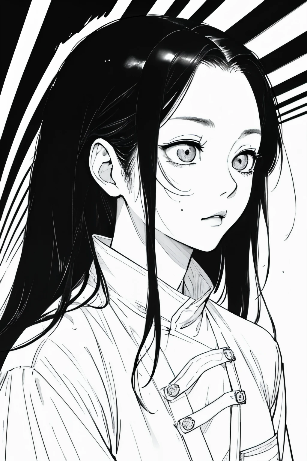 Long hair in women, black背景, sad, Expressionless, shot in the chest, Upper body close-up, rough Expressive lines, Expressive lines, dark lines, Dense lines, Strong line drawing, masterpiece, highest quality, Super quality, Very delicate and beautiful, horror manga, 白blackマンガ, black & draw with white line, Inspired by Junji Ito, Junji Ito's artistic style, Written by hand, Focus Character, Very fine,