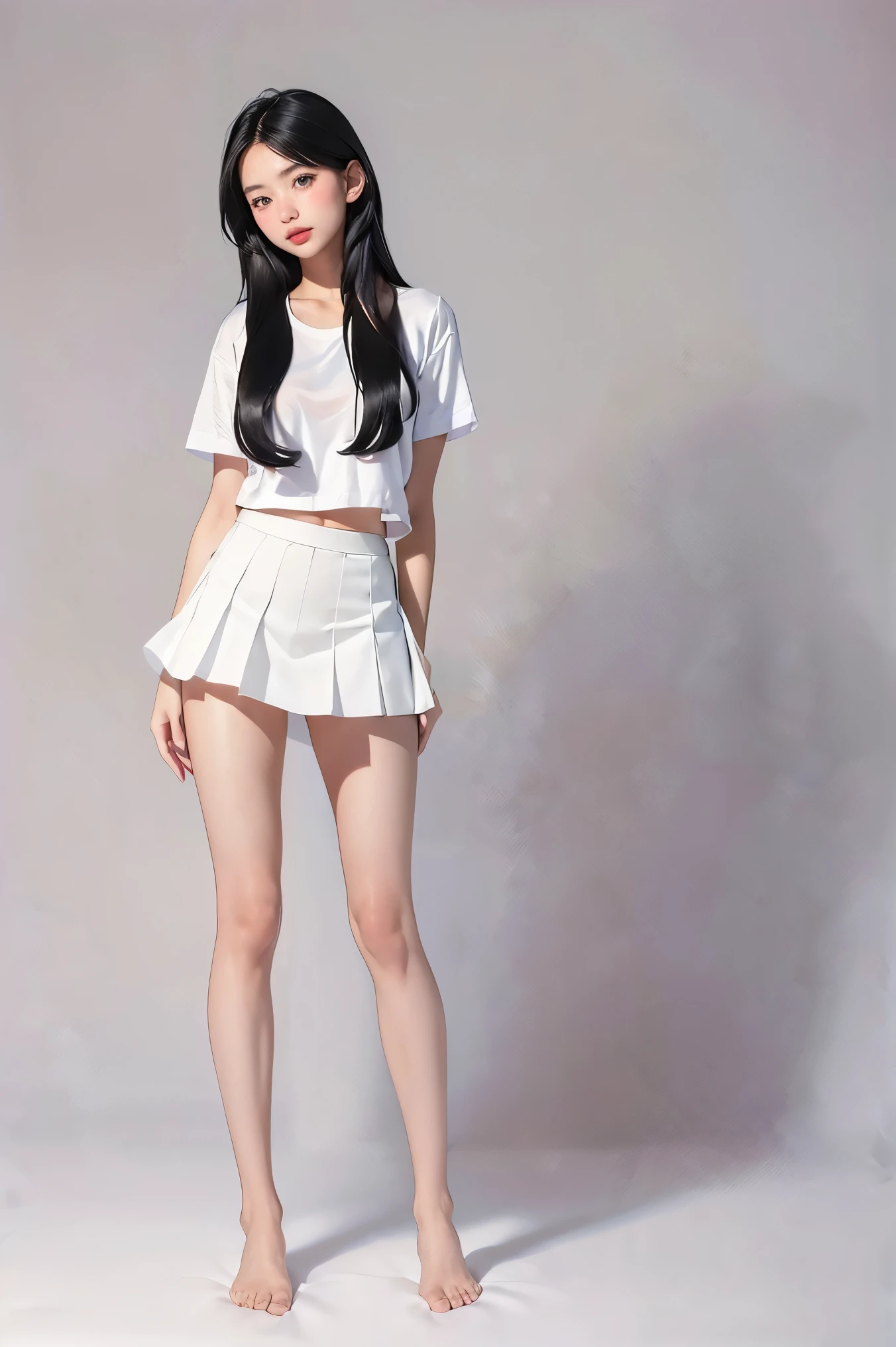 a white shirt (((masterpiece, highest quality)), no panties, 1 girl, (photorealistic: 1.4), solo, white background, black hair, long hair, absolute area, skirt, ((full body)),  