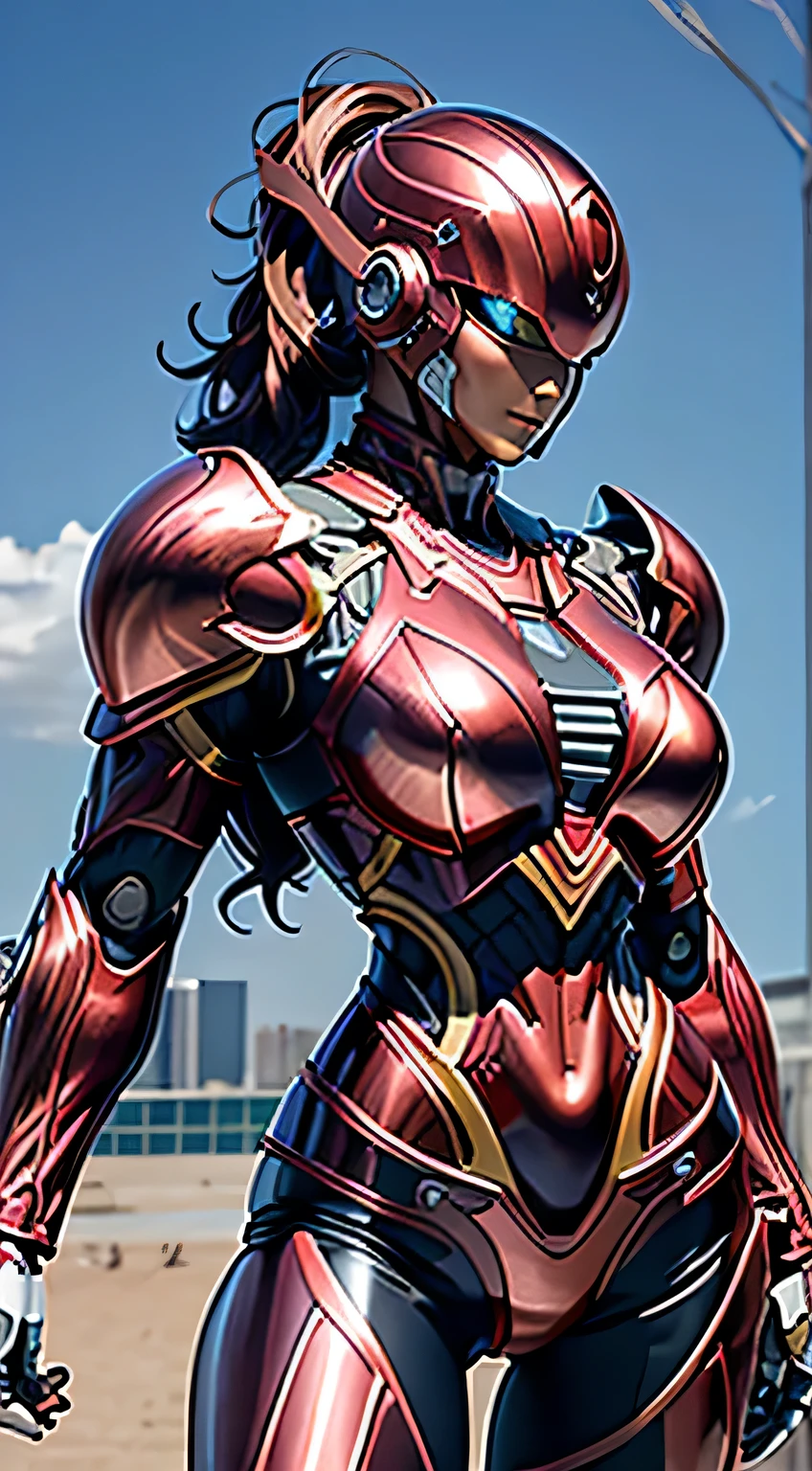 Female Robocop Solo、Bright outdoors、strong light source、8K, high quality, masterpiece, 最high quality、Very detailed、Armor that completely covers the whole body、Very large armor、Helmet covering the head、Clear photos、The eyes are hidden by thin, straight goggles:1.3、The lower half of the face is flesh:1.5、The human skin is exposed from the nose down on the face.:5.0、Luscious lips、Crimson metallic armor with thin white lines、Armor that completely covers the chest、Long, slender legs、,Big and ample breasts:1.5, (Sports Body:1.5)、Five Fingers、Photos in the city